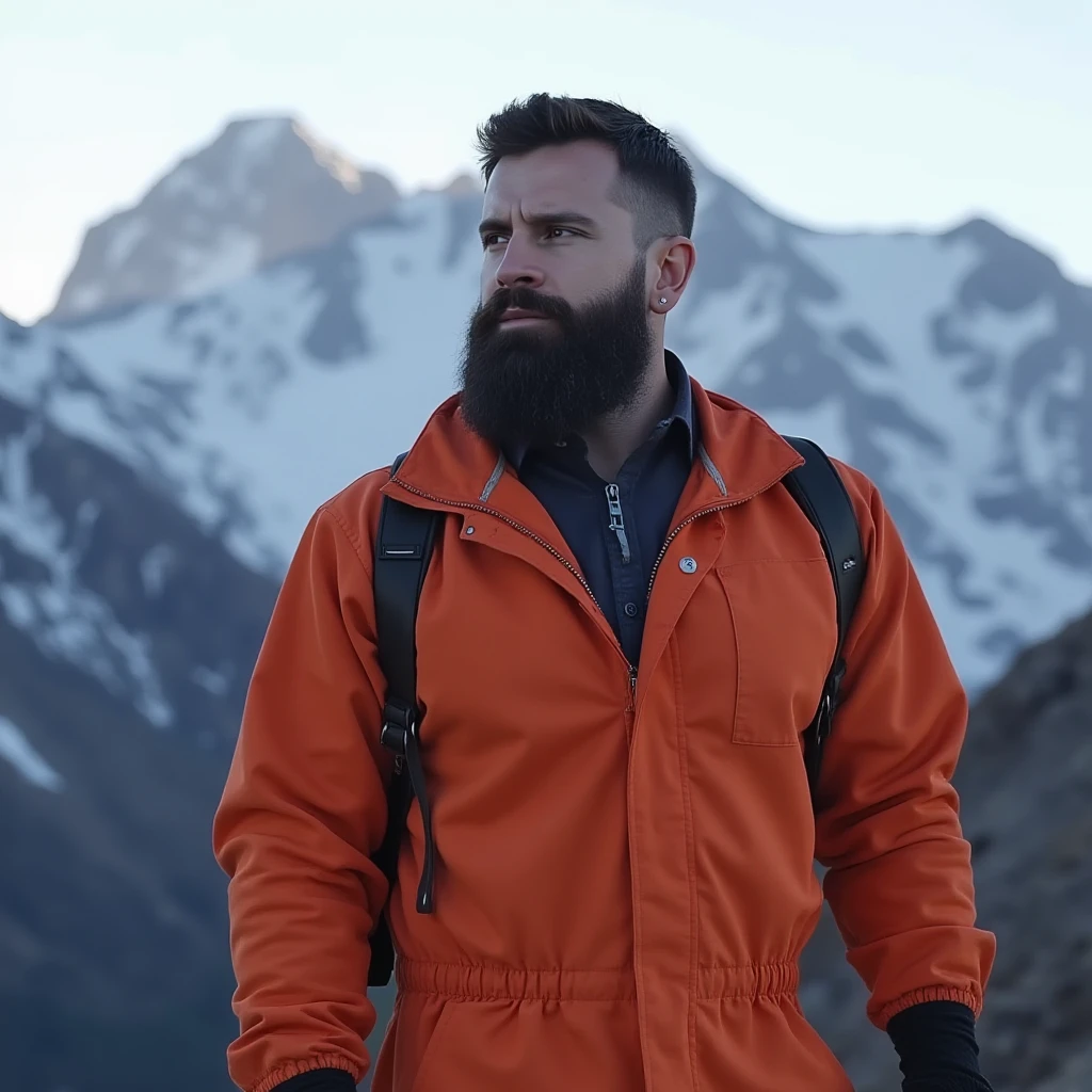 man, beard, wearing a jumpsuit, mountain, direct eye contact, br4dl3y