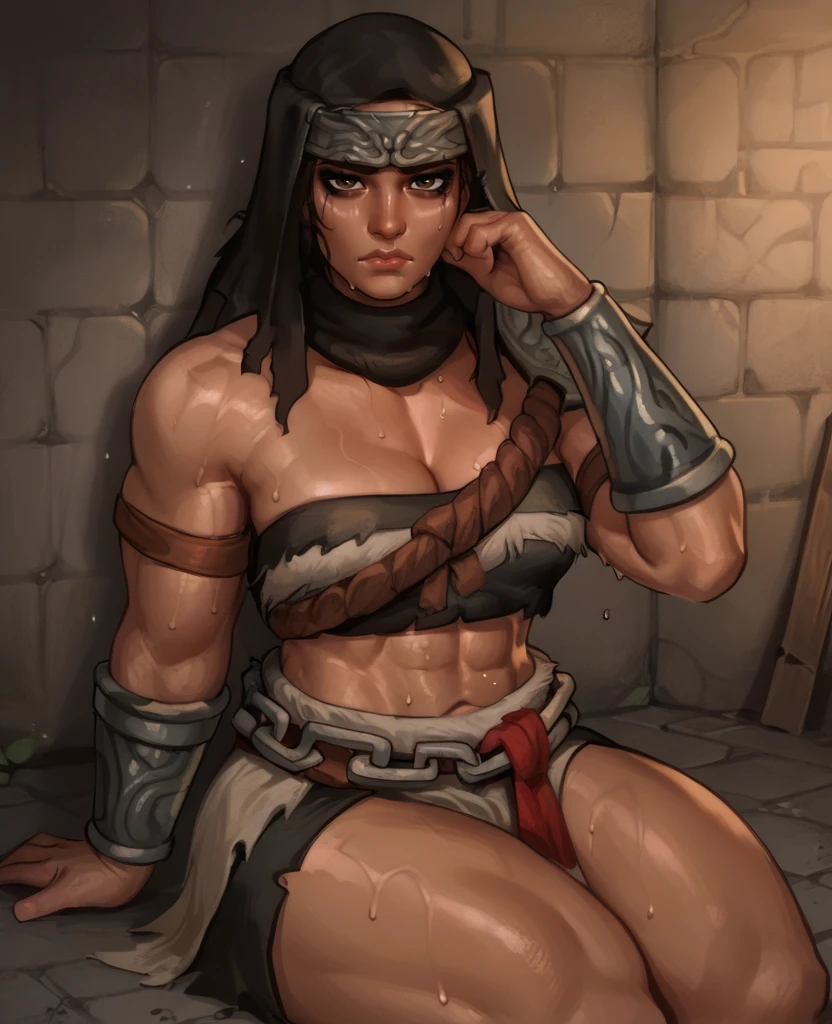 score_9,score_8_up,score_7_up,score_6_up,
nephelixl,black cowl,metal headband,brown eyes,eye shadow,eyeliner,
shoulder armor,strapless,midriff,bracer,chain,looking at viewer,navel,
dungeon,underground,cleavage, sweat,  
sitting, 
solo,
<lora:NepheliXL:0.9>,