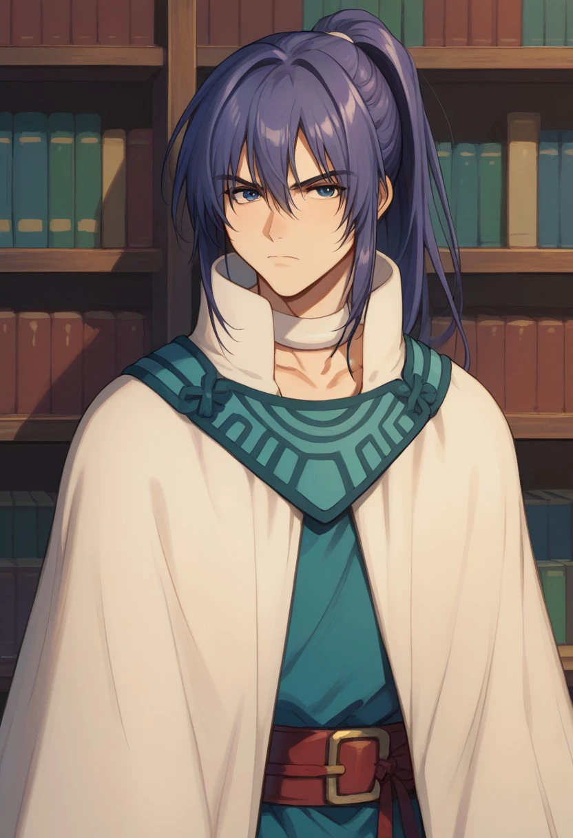 score_9, score_8_up, score_7_up, source_anime, highly detailed, 
keele, 1boy, solo, male focus, ponytail, purple hair, long hair, blue hair, robe, upper body, focused, serious, looking at viewer,
indoor, books, library,