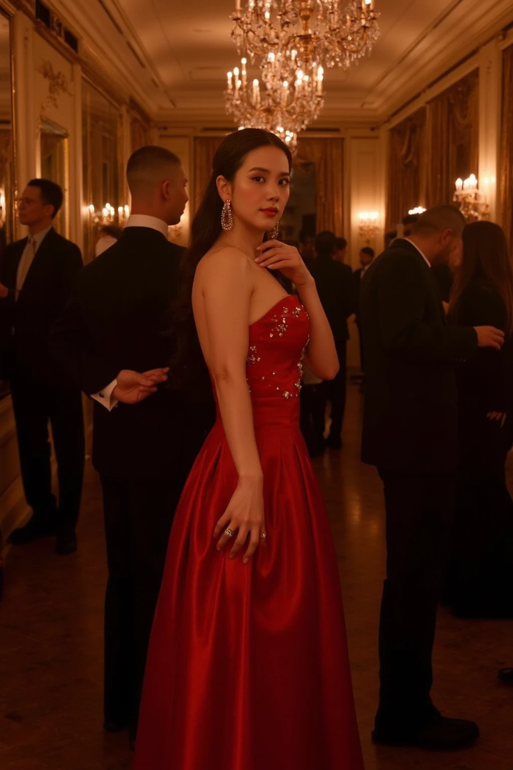 Instagram photo of a young woman J1500 standing in a sophisticated evening party in a luxurious ballroom, adorned with chandeliers and elegant drapery. The scene features a well-dressed woman in a long, flowing gown, embellished with delicate jewelry. Her dress is deep red with a silky texture, contrasting against the golden hues of the room. The woman stands gracefully, surrounded by guests in formal attire. The lighting is warm and soft, creating a refined and elegant atmosphere.