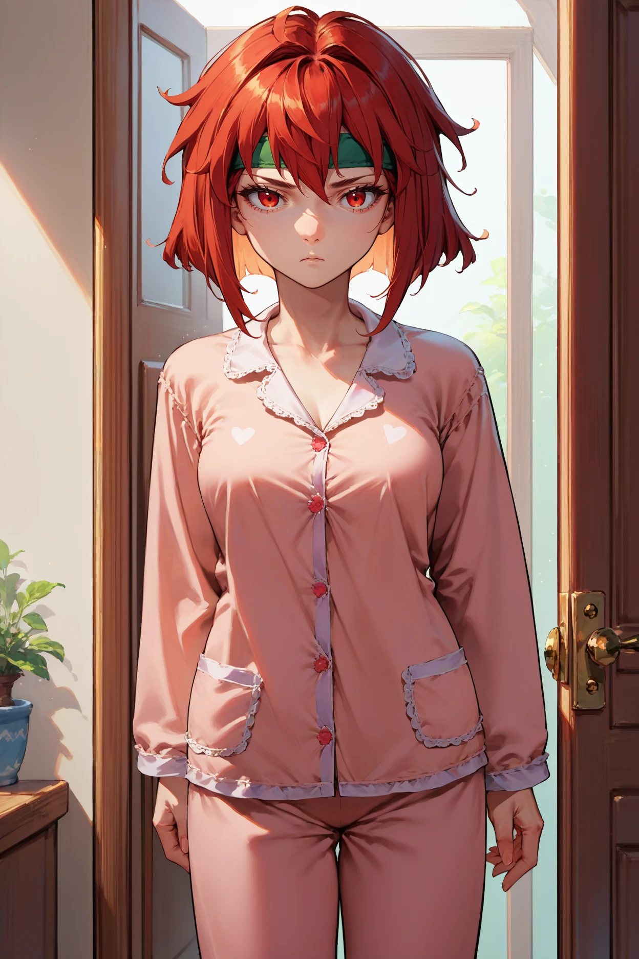 score_9, score_8_up, score_7_up, score_6_up, source_anime, 1girl, solo,  <lora:feminerva-pdxl-nvwls-v1-000005:1> feMva, red hair, short hair, red eyes, green headband, pink pajamas, pajamas, breasts, looking at you, pajama pants, looking at you, doorway, indoors, tired