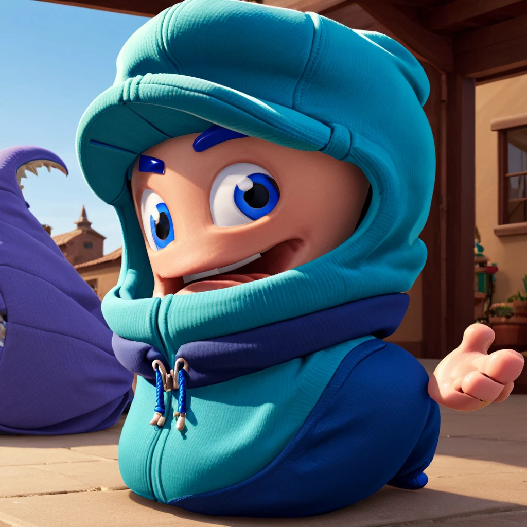 wormsteam17, rumbleworm, worm, ((((limbless, armless, legless)))), 3d, (blue baseball cap), natural skin colour, white sclera, (teal iris), blue eyebrows, open mouth, (((worm's body covered in dark blue hoodie outfit from neck to tail tip))), hoodie on back, sleeveless, 2 disembodied cartoon hands, v sign