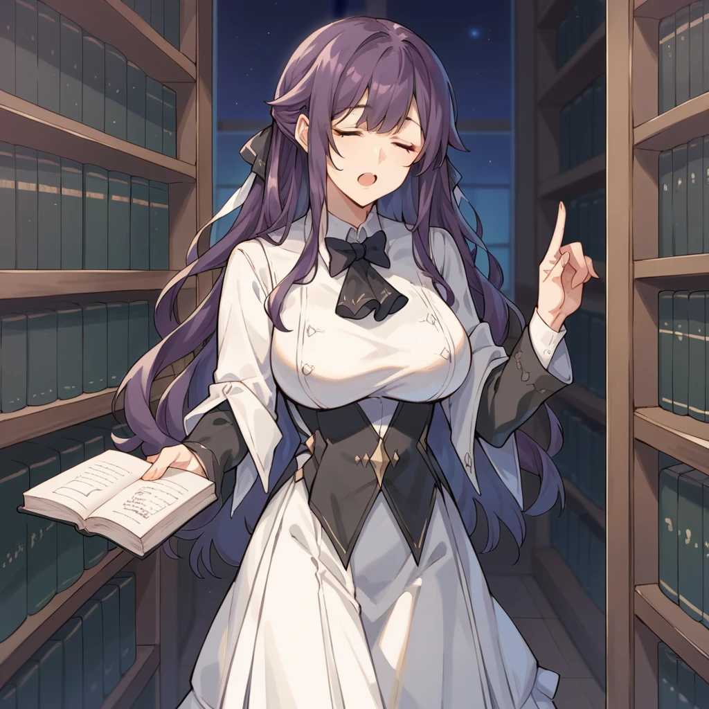 score_9_up, score_8_up, score_7_up, source_anime, masterpiece, best quality, 1girl, solo, KafkaHi3, bookshelves, dimmed light, night time, library, standing, holding book, open mouth, raised index finger, closed eyes, purple hair, long hair, hair ornament, white dress, black dress, collared dress, white shirt, collared shirt, black corset, two-tone sleeves, white sleeves, black sleeves, frilled skirt, white skirt, black skirt, frilled necktie, black necktie, black bowtie, white pantyhose, pleated sleeves, ribbon, mature body, dynamic cowboy shot, indoors, library background