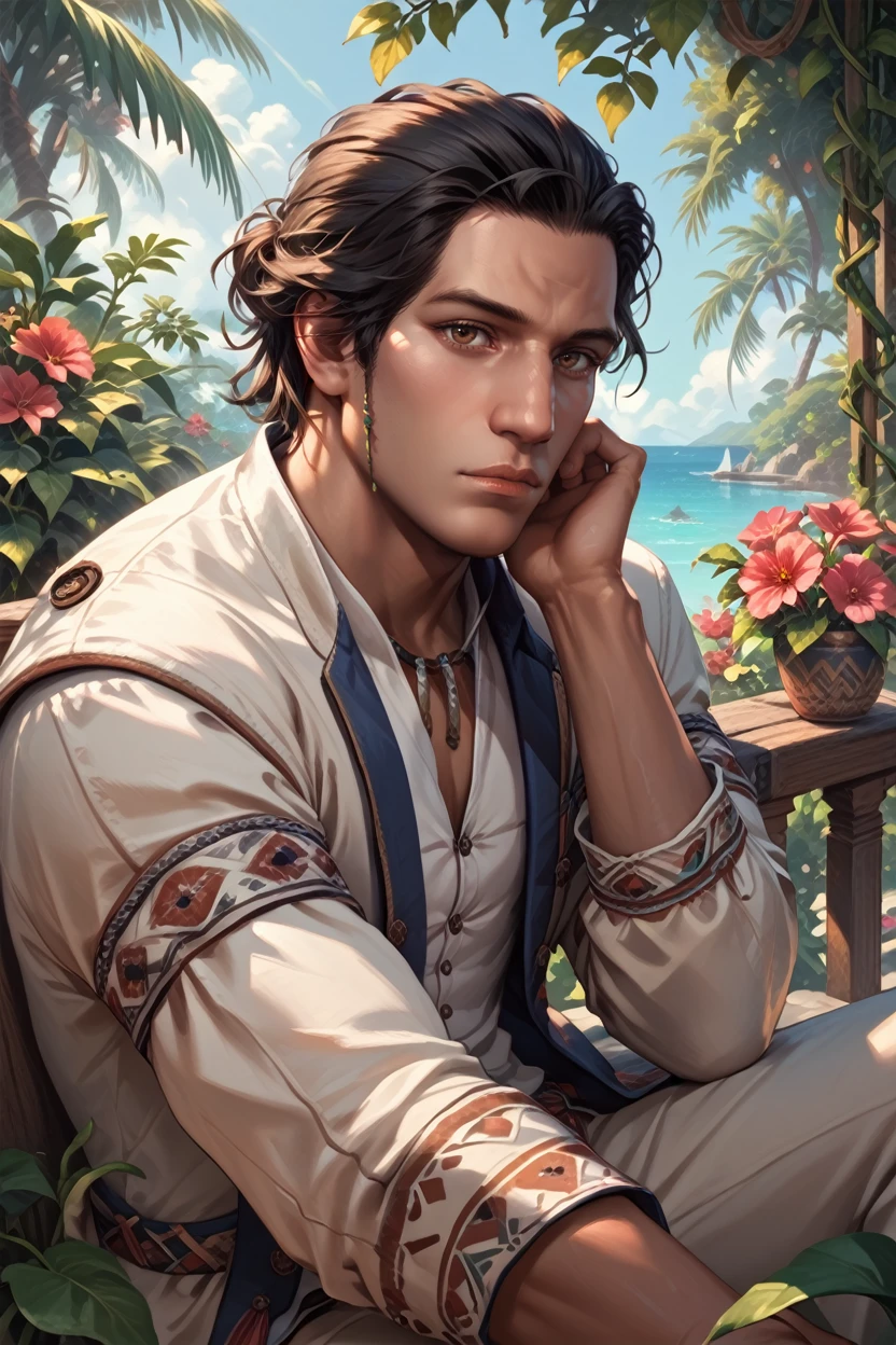 score_9, score_8_up, score_7_up, score_6_up
<lora:AC3Conner:1>
AC3Conner, 1boy, black hair, brown eyes, looking at viewer, sitting on a stone bench in a Mediterranean courtyard, wearing a light linen suit, vines and flowers around, warm sunlight, elegant and relaxed mood