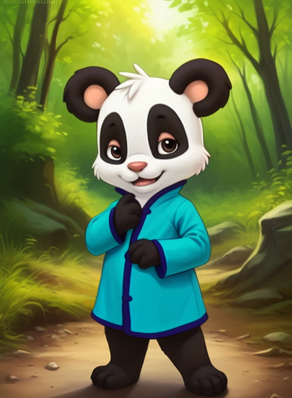 <lora:LingLingAmyRosMilPowYif:1> LingLingAmyRosMilPow, Panda, chibi, small body, blue robe with purple edges,
Looks at the viewer, [  solo, (nature), forest, day, clouds, waterfall,]  ((dancing ))
(beautiful, aesthetic, perfect, delicate, intricate, saturated colors), masterpiece, digital drawing, best quality,
[by kenket|by totesfleisch8], by thebigslick:by silverfox5213:0.8], [by syuro, by paloma-paloma::0.2, (Tricksta, TotesFleisch8)