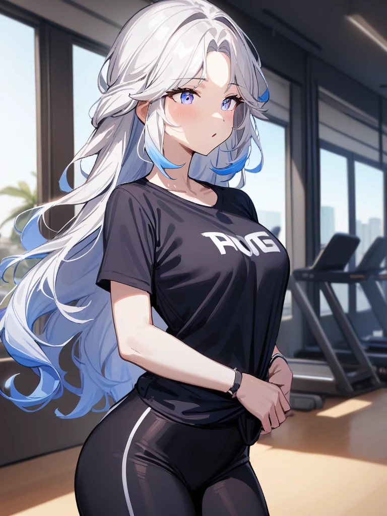 1girl,solo,furozesu,cowboy shot,,alternate_costume,white hair,t-shirt,casual T-shirts,yoga_pants,<lora:furozesu-000012:0.7>, masterpiece, best quality, very aesthetic, absurdres