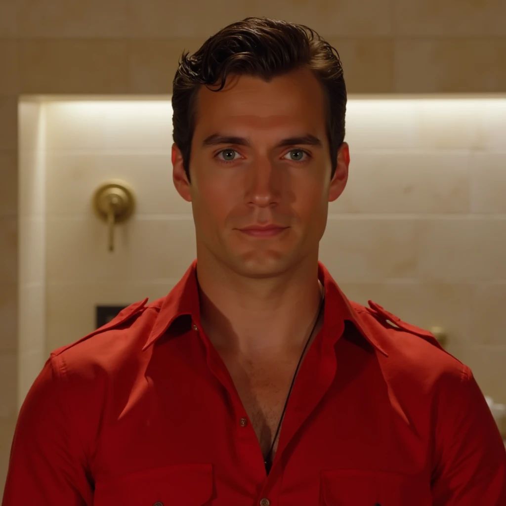 man, wearing a red shirt, frontview, captivating eyes, at a bathroom