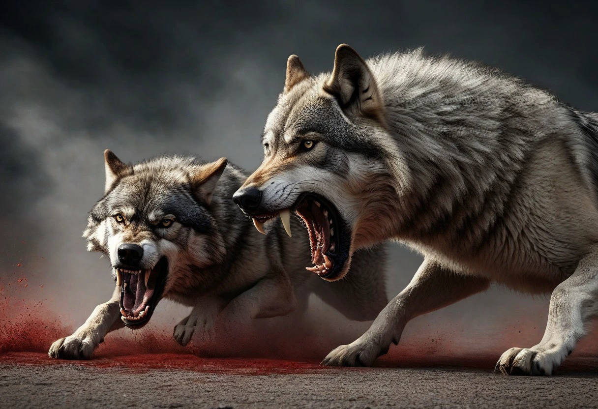 ultra-realistic rendering in phoro-realistic style with high quality, excellent resolution, clear, detailed and well-focused images, detailed and correct anatomy, depicting 2 huge ((wolf)) in a fierce battle for supremacy in the pack, ,blood in the mouth,aggressive behavior, rage, dynamic pose,