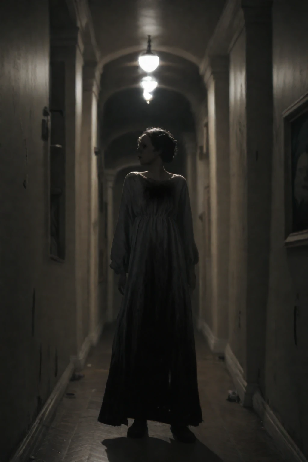 score_9, score_8_up, score_7_up, BREAK .
First-person view, long narrow corridor, dimly lit hallway, ominous atmosphere, single light fixture hanging from ceiling, warm sepia tones, dark shadows, silhouette of a woman standing at the end of the hallway, long dress or coat, slight blur effect, high contrast between light and dark areas, cinematic composition, horror movie aesthetic, hyper-realistic textures, 8k resolution.
 <lora:P.T_SILENT_HILLS:1>silenthillspt style., first-person perspective, shaky view, analog distortion, VHS artifacts, scanlines, tracking errors, low-fi aesthetics, blurred edges, fish-eye lens effect, handheld movement, found footage style, slightly out of focus, degraded image quality, glitch effects, chromatic aberration, time code overlay, interlaced scan lines, muted colors, low light visibility, grainy texture.