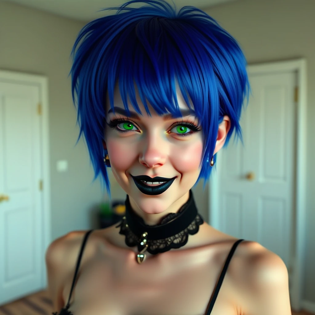 courtneystarr, portrait, face, close up portrait, in the bedroom, realistic, 3d, smooth, high details, masterpiece, 4k, smile, (blue hair), (short hair), (black choker), (black lips), (green eyes), (earrings), (makeup), (young woman), sexy, cute, 1girl, (pale skin)