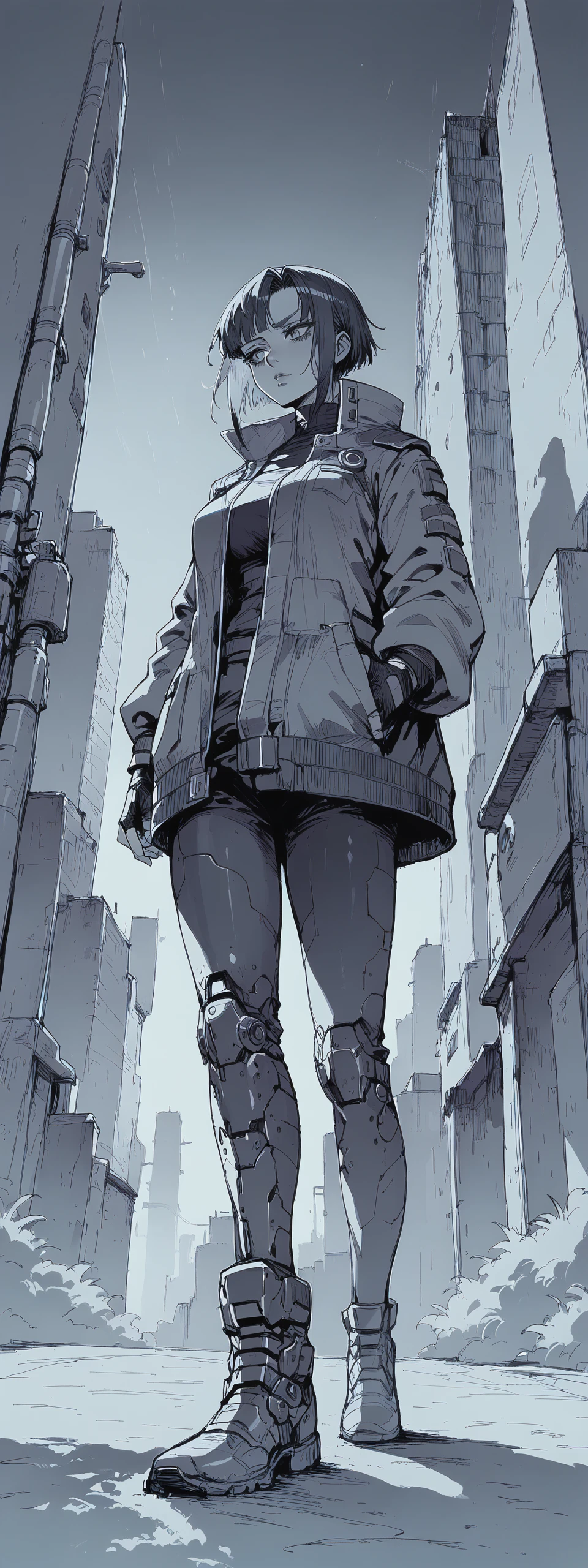 score_6up, mature Woman,  very low angle view, full body view, multi-colored short iridescent hair, long jacket, futuristic,  in a dark cyberpunk street, some neons far away, city by night, cyber boots, fingerless gloves, high contrasts, original perspective,  fingerless gloves, details in the shadows, sketch. drawing  low light, dramatic lighting, darkness <lora:LOREVER-style_ponyXL:1.2>