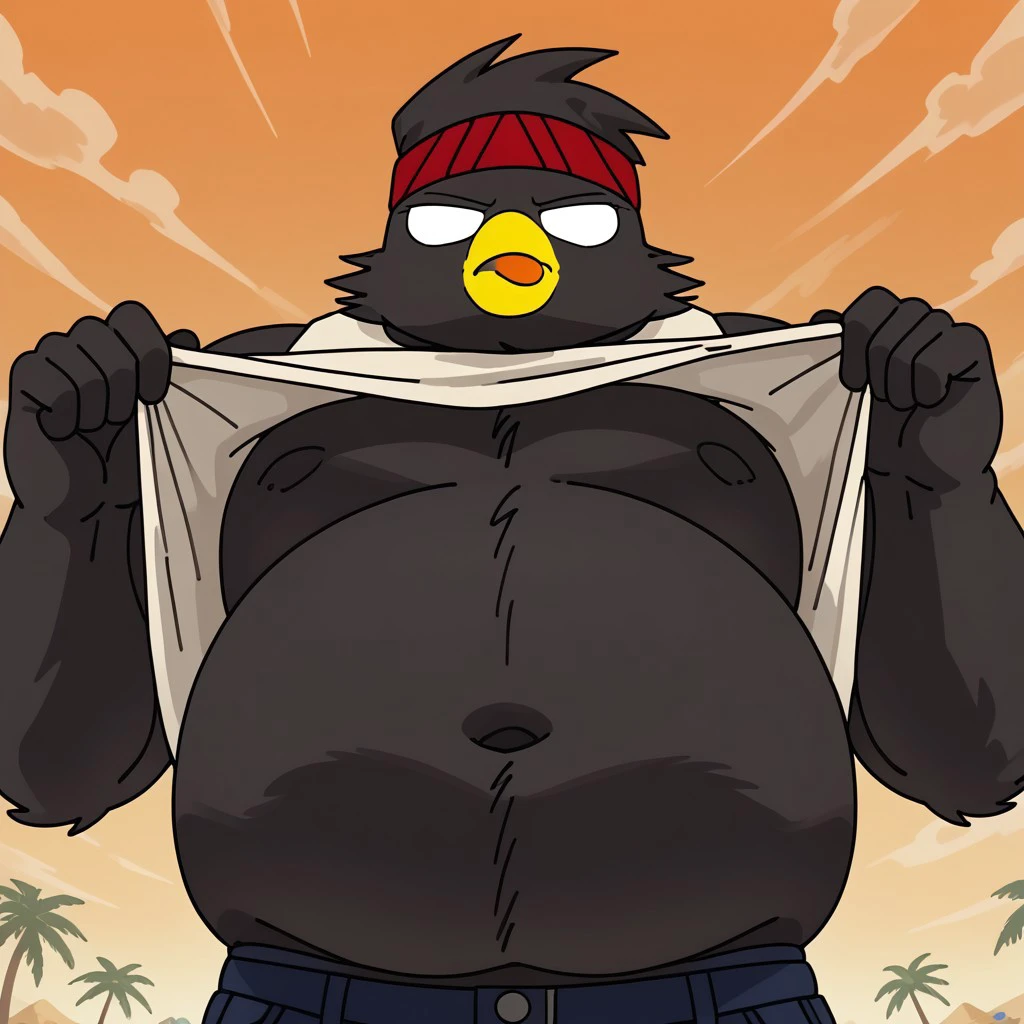 male, solo, white eyes, tongue, robust, yellow beak, orange feet, no pupils, Anthropomorphic bird, big belly, lifting White Tank Top, shirt lift, Red Bandana on Head, Blue Tight Pants, fat, 4k, masterpiece, best quality, highly detailed, detail background, cartoon background, beach background, chubby male, upper body, low angle, half open eyes, seductive expression, bottomless, G-string, lifting shirt, shirt lift, belly exposed, nude, closed mouth, round belly, big belly, close up,