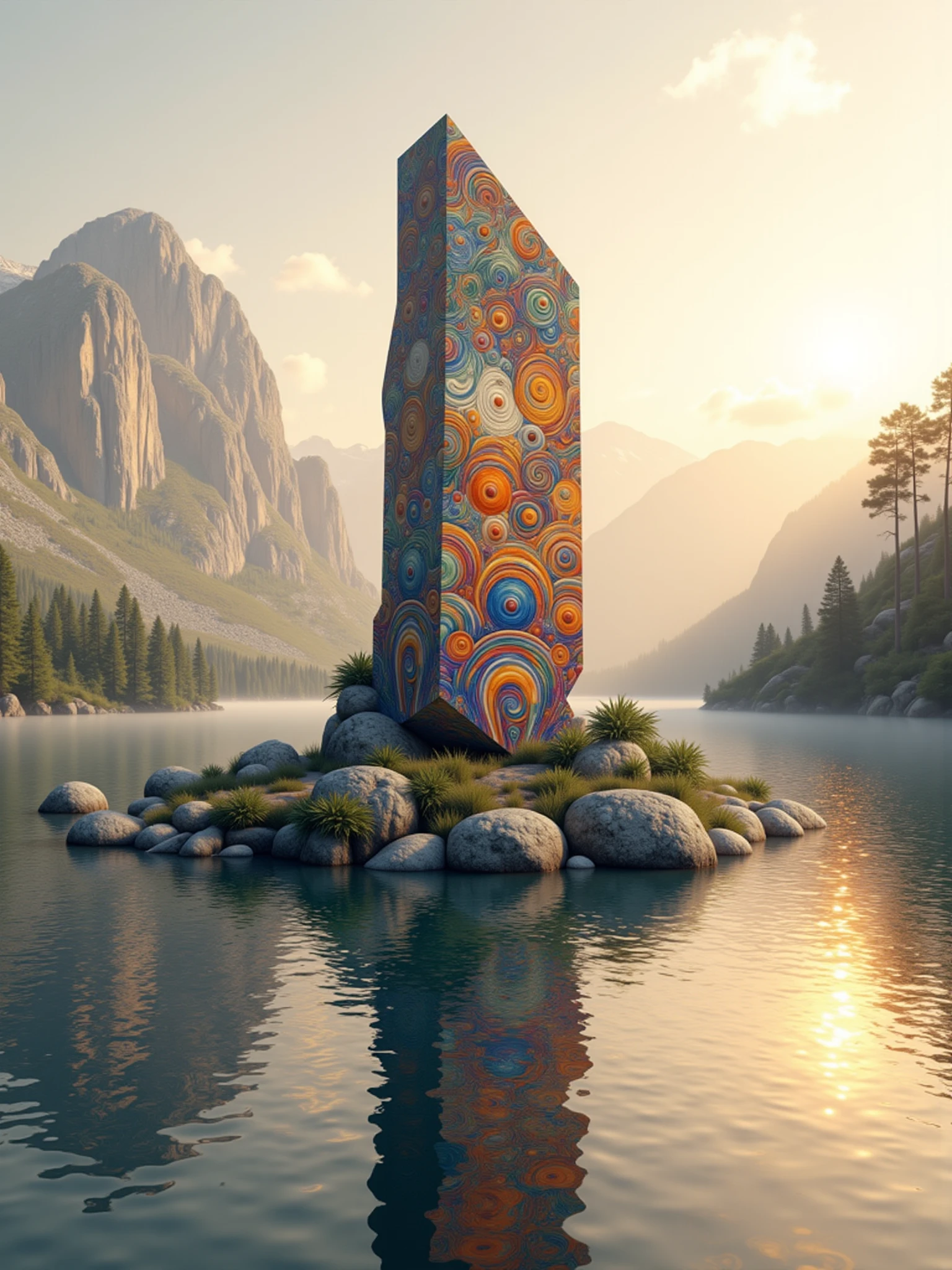 mad-clrflvngghn monolith standing on an island in a serene mountain lake, sunset, godrays, haze, fog, floating islands in the background  <lora:colorful-vangoghian-pattern-flux:1>