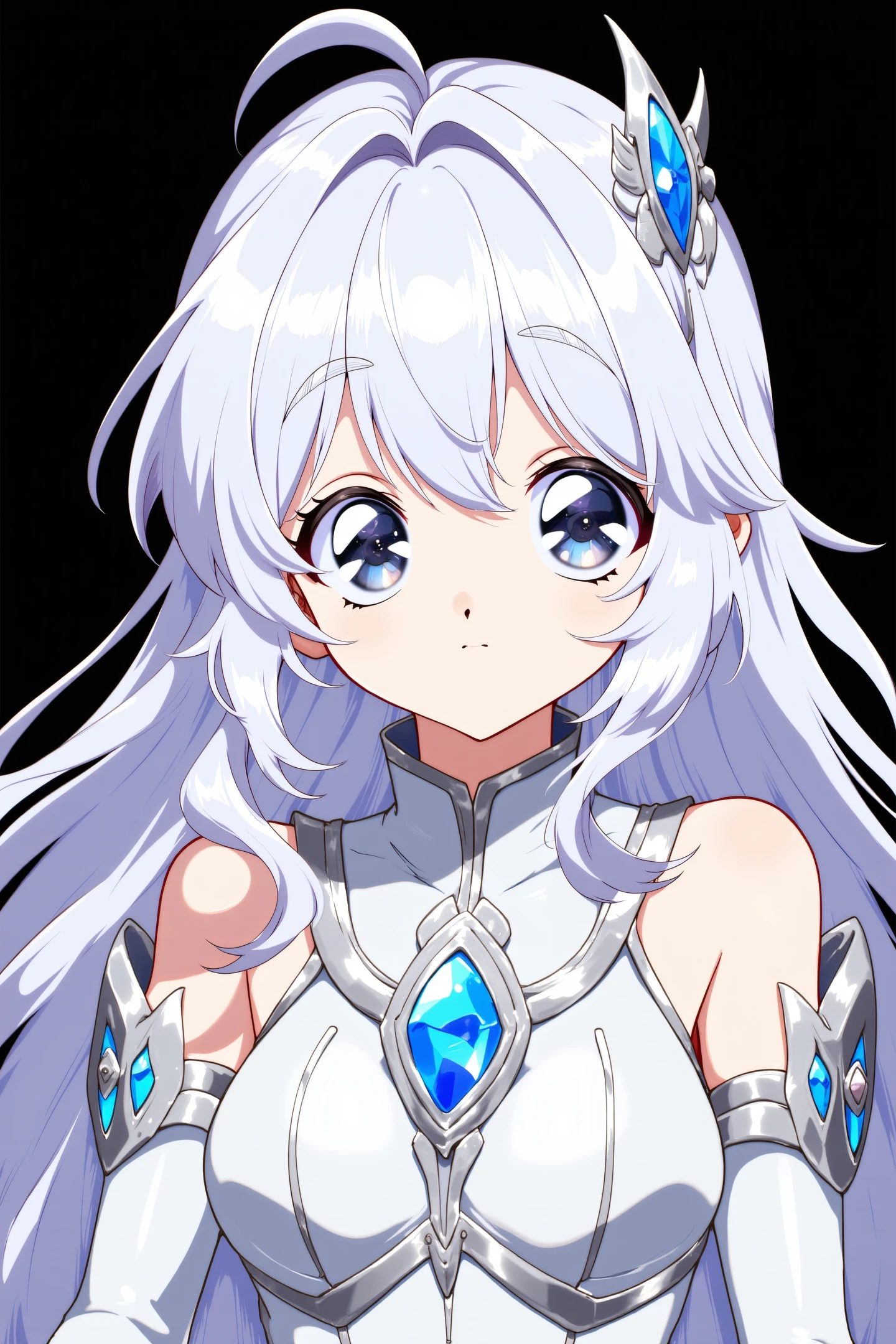 This is a highly detailed digital illustration in an anime style, featuring a young, angelic-looking female character with ethereal qualities. The character has long, flowing, white hair adorned with intricate, feather-like ornaments that resemble angel wings, and large, expressive blue eyes that dominate her face. Her skin is fair and smooth, with a youthful, almost innocent appearance. She wears a high-collared, ornate outfit that is predominantly white, with blue accents and a prominent blue gem at her chest, suggesting a fantasy or magical theme. The outfit is designed with a mix of delicate, feathered elements and metallic, armor-like details, enhancing her otherworldly appearance. The background is a solid black, which contrasts sharply with her light-colored attire, making her the focal point of the image. The illustration captures a sense of purity and otherworldliness, with the character's expression conveying a mix between serenity and slight curiosity. The overall composition is balanced, with careful attention to lighting and shading, creating a three-dimensional effect that emphasizes the characterâs delicate features and ethereal aura.
<lora:hrn_yc:1>,