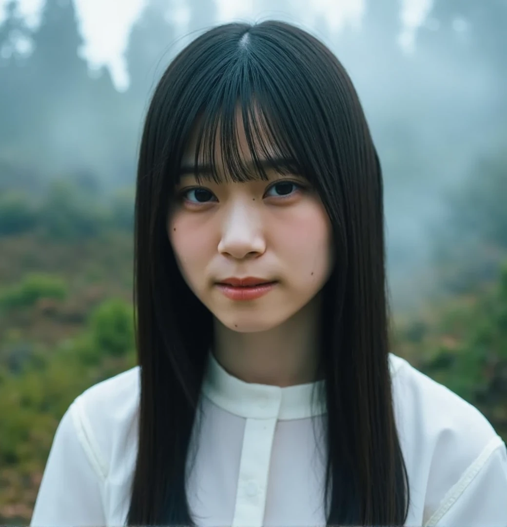 shizuki, The image is a close-up portrait of a young Asian woman with long, straight hair. She has a serious expression on her face and is looking directly at the camera. Her hair is styled in a sleek, straight look with bangs framing her face. She is wearing a white blouse. The background is a forest shrouded in smoke, but it appears to be an outdoor setting with trees and greenery. The overall mood of the image is calm and serene, But with a hint of sadness and loneliness.