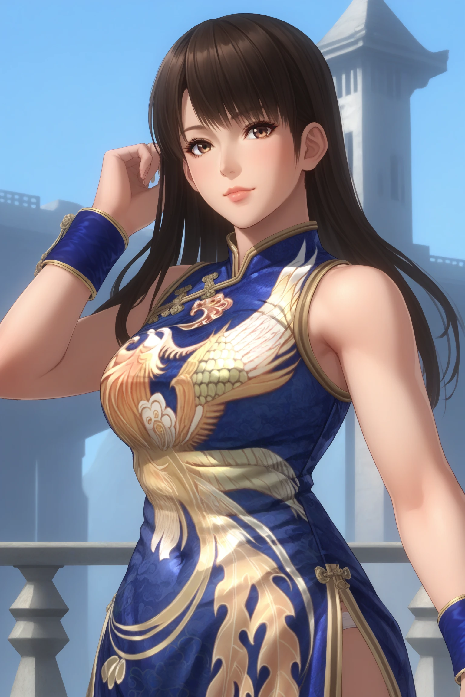 leifang, black hair, long hair, straight hair, brown eyes, leifangblue, chinese clothes, blue dress, china dress, sleeveless, wristband, blue wristband, pelvic curtain, white panties, sandals, <lora:Lei_Fang_Dead_or_Alive:0.7>, score_9, score_8_up, score_7_up, score_6_up, score_5_up, source_anime, rating_safe, medium breasts, outdoors, 1girl, solo, looking at viewer, <lora:age_slider_v4:3>, (upper body:1.2), closed mouth