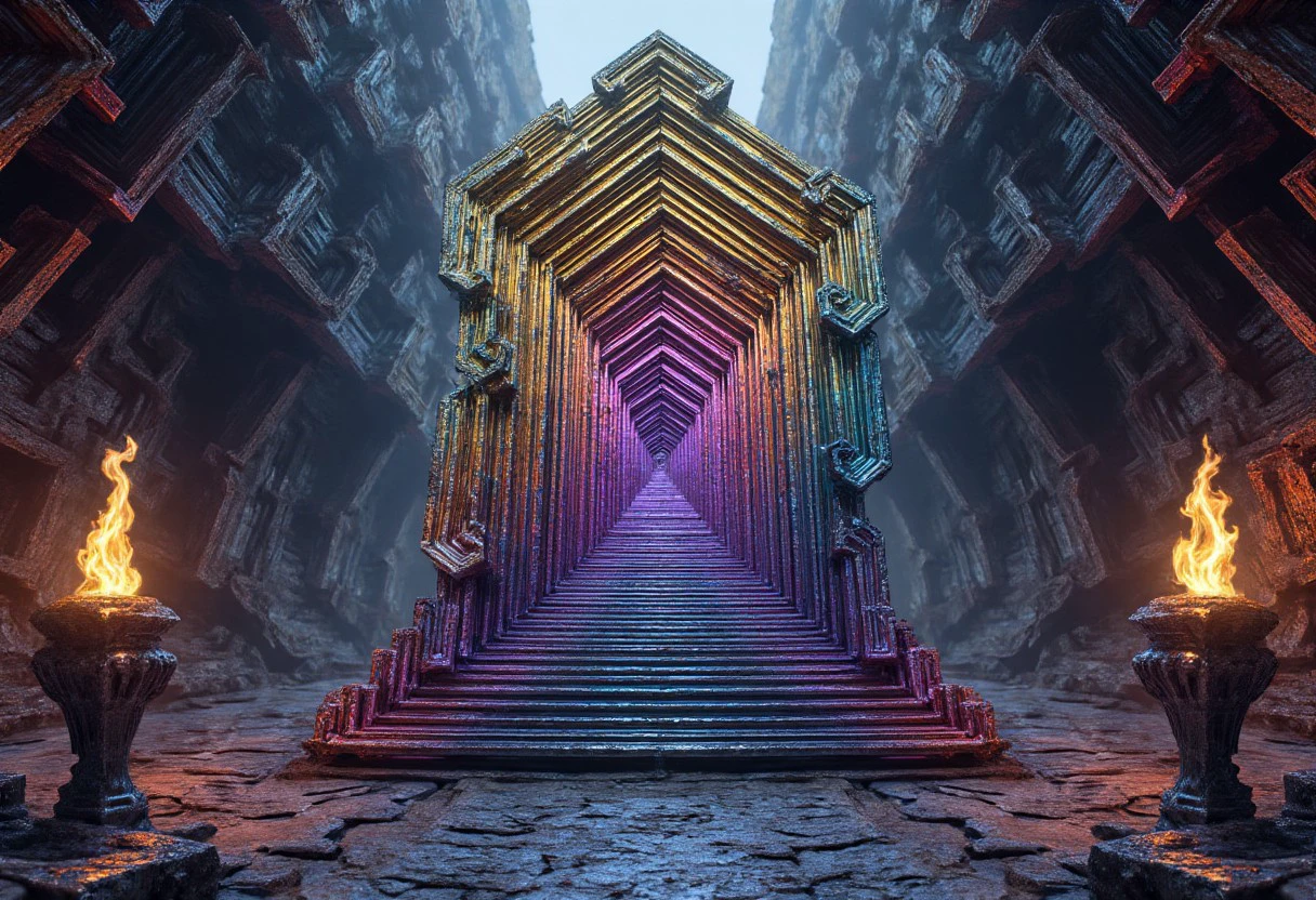 In the heart of the mountain, a vast cavern opens up, its walls smoothed by ancient dwarven craft. Crystalline formations jut from the ceiling, casting prismatic light across the chamber. At the far end, upon a dais of polished obsidian, sits the Throne of Iridescent Majesty.
The throne itself is a marvel of nature and artistry - a colossal formation of bismuth crystal, its geometric, stair-stepped structure spiraling upwards in a mesmerizing display. The metallic rainbow hues of the bismuth shimmer and shift in the flickering torchlight, creating an otherworldly aura.
Intricate runes, etched by elven smiths, wind their way through the crystalline structure, glowing with a soft, ethereal light. The seat of power is cushioned with deep purple velvet, embroidered with golden threads depicting the great deeds of ages past.
Flanking the throne are two massive braziers, their flames dancing in hues that match the bismuth's spectrum. The floor leading to the dais is inlaid with a mosaic of precious stones, forming a path that seems to flow like a river of jewels towards the seat of power.
