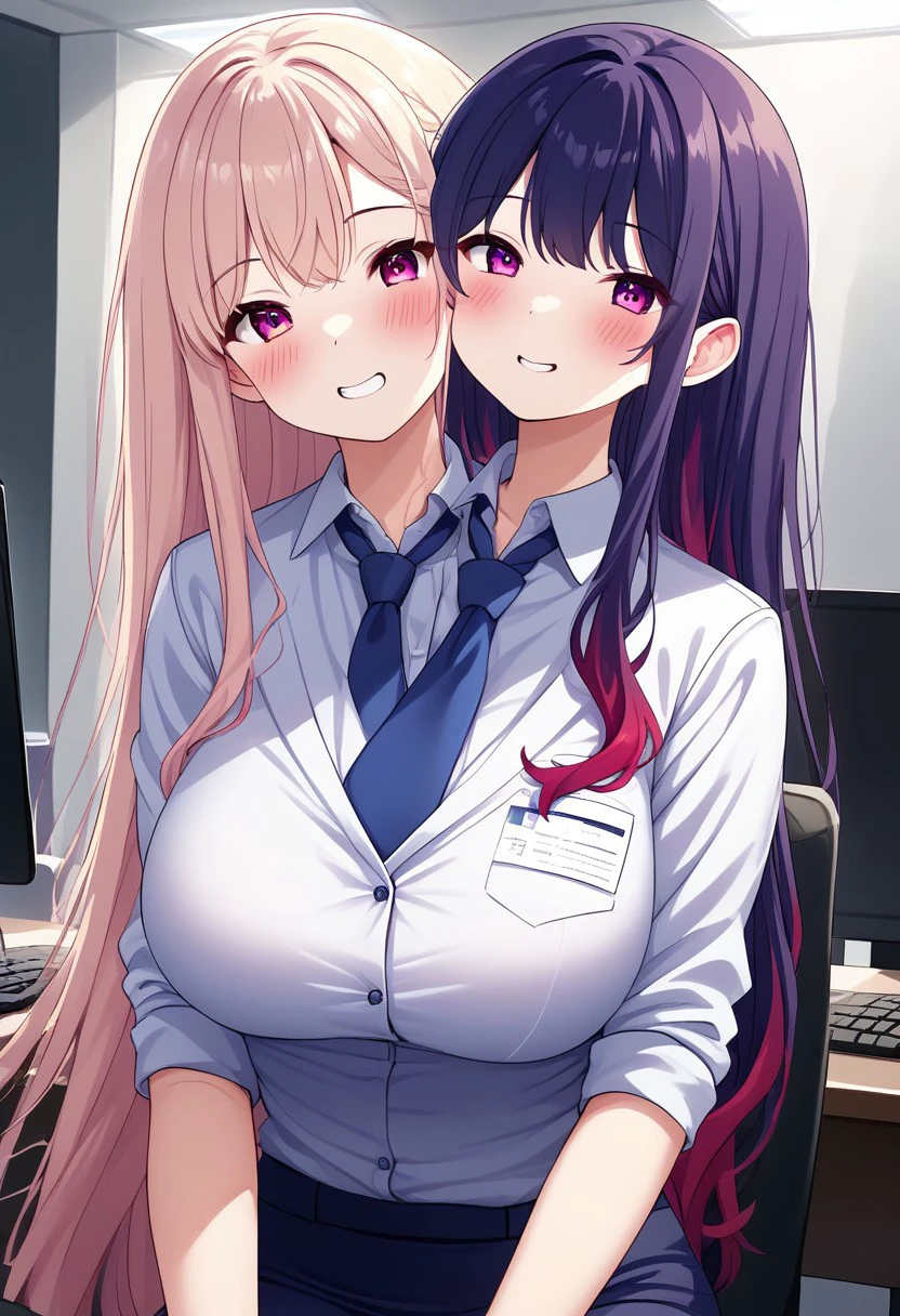 8K, HD, colorful, easynegative, half body, close shot, upper body, conjoined, Japan anime, two heads, BREAK female, random color hair, random (((short hair, very long hair, very long straight hair, wave hair, thick hair, furry hair))), ((2 different hairstyles)), add random hair accessories, ((2 tones color of hairstyles)), (((2 tones color hair))), ((human)), anime, BREAK female, Office Lady uniform, lady, girl, office background, sitting on the chair,  lighting