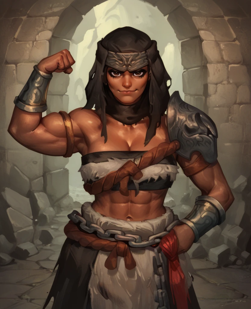 score_9,score_8_up,score_7_up,score_6_up,
nephelixl,black cowl,metal headband,brown eyes,eye shadow,eyeliner,
shoulder armor,strapless,midriff,bracer,chain,looking at viewer,navel,
dungeon,underground,smug,cleavage, flexing,   
solo,
<lora:NepheliXL>,