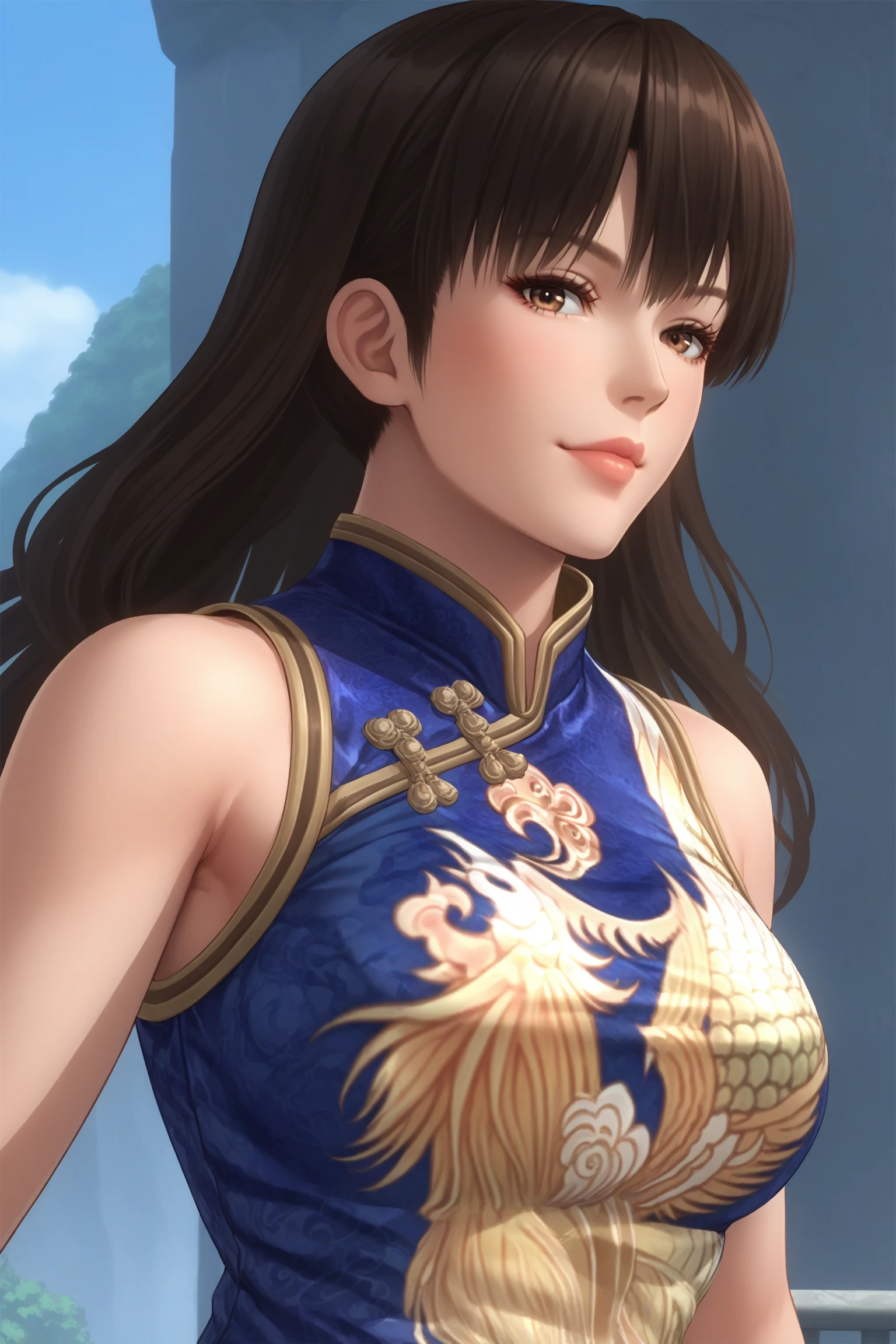 leifang, black hair, long hair, straight hair, brown eyes, leifangblue, chinese clothes, blue dress, china dress, sleeveless, wristband, blue wristband, pelvic curtain, white panties, sandals, <lora:Lei_Fang_Dead_or_Alive:0.7>, score_9, score_8_up, score_7_up, score_6_up, score_5_up, source_anime, rating_safe, medium breasts, outdoors, 1girl, solo, looking at viewer, <lora:age_slider_v4:3>, (upper body:1.2), closed mouth