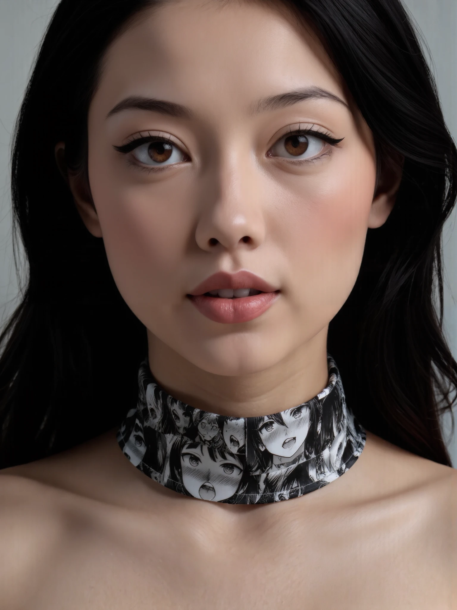 a woman with ahegao_pattern choker around her neck, best quality, 4k, 8k, high resolution, cinematic, vibrant, intricate, Hyperrealistic, high detail