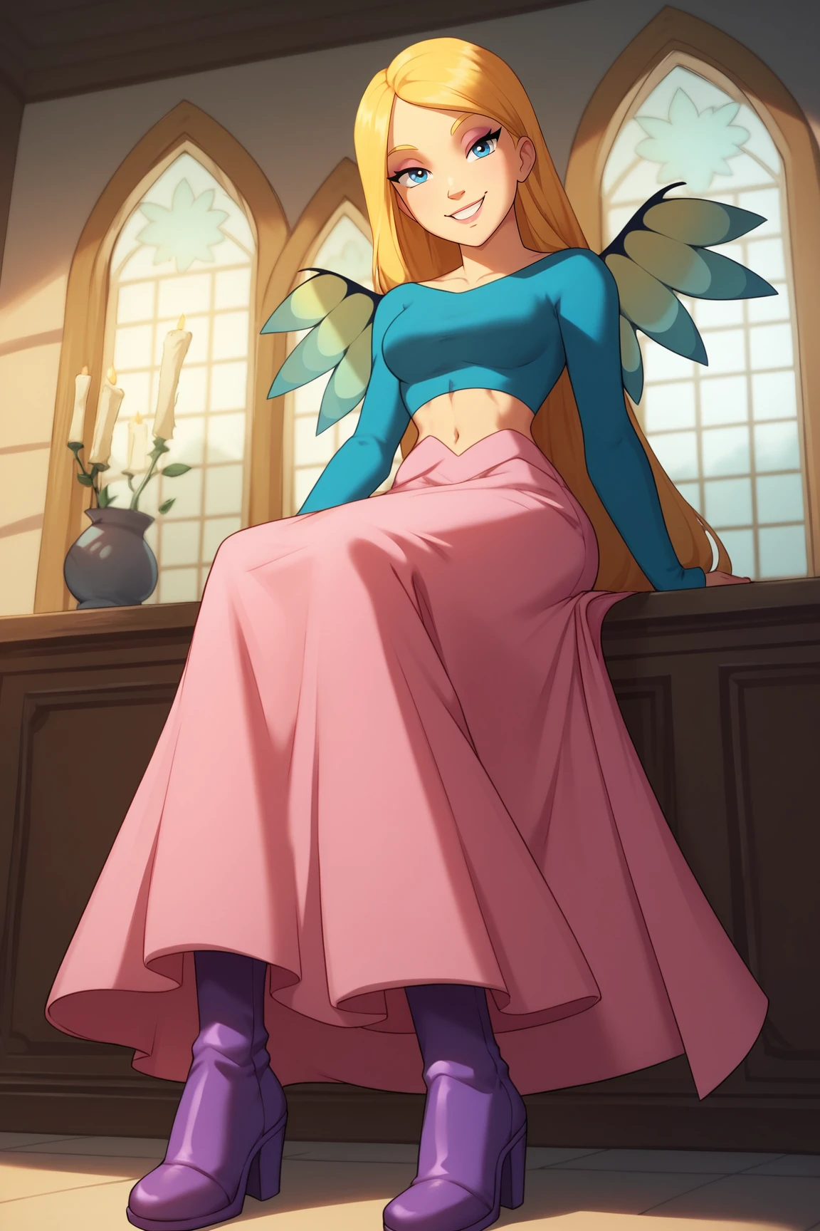 score_9, score_8_up, score_7_up, score_6_up, BREAK, CorneliaHaleWITCHXL, blue eyes, blonde hair, long hair, medium breasts, wings, aqua crop top, long sleeves, pink skirt, long skirt, striped thighhighs, purple boots, solo, full body, sitting, bellow view, seductive smile, looking at viewer, indoors <lora:CorneliaHaleWITCHXL:1>