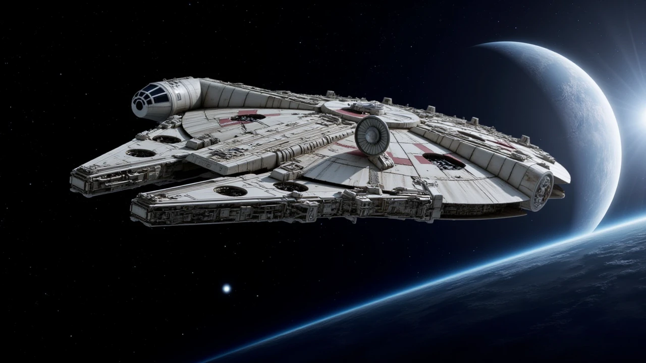 a photo of a millenium falcon flying through space, planet in background,star wars style,lucasfilm,intricate details, <lora:millenium_falcon:1>