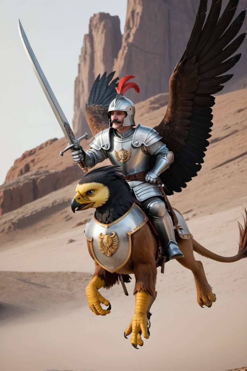 source_realistic, photorealistic photo, realistic, simple white background, empg3n3r4l, male focus, full gilded armor, golden helmet, mustache, old, breastplate, pauldrons, tassets, gauntlets, black and white puffy sleeves, holding sword, flying, (riding griffon:1.3), <lora:empg3n3r4lPonyV2-000020:0.8> flying, midair, PonyXL_Scores