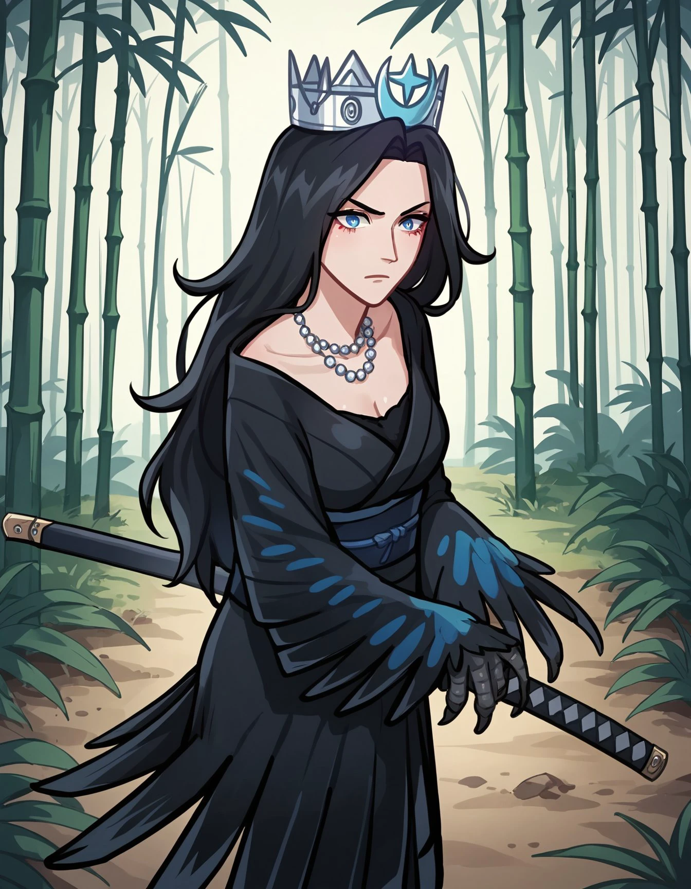 score_9, score_8_up, score_7_up, score_6_up BREAK, 1girl, battoujutsu, bamboo forest, 1girl, solo, long hair, blue eyes, black hair, necklace, black kimono, japan traditional clothes, crown, monster girl, harpy, winged arms <lora:Sirin:0.7> <lora:add-detail-xl:0.3> <lora:battoujutsu_stance_24retry_pony_rework_final_svd_d8:0.7>