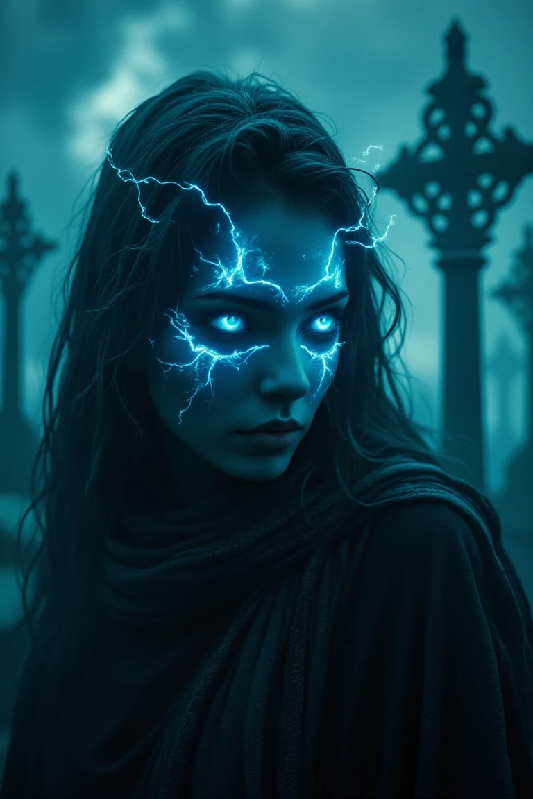 Midjourney style, cinematic style, high quality, realism, chiaroscuro, still film, realism, close up The spirit of a beautiful young witch, in neon punk style, breathtaking glowing unnatural eyes emitting mystical blue lightning light, highly detailed background of a foggy gothic cemetery with huge Celtic crosses.