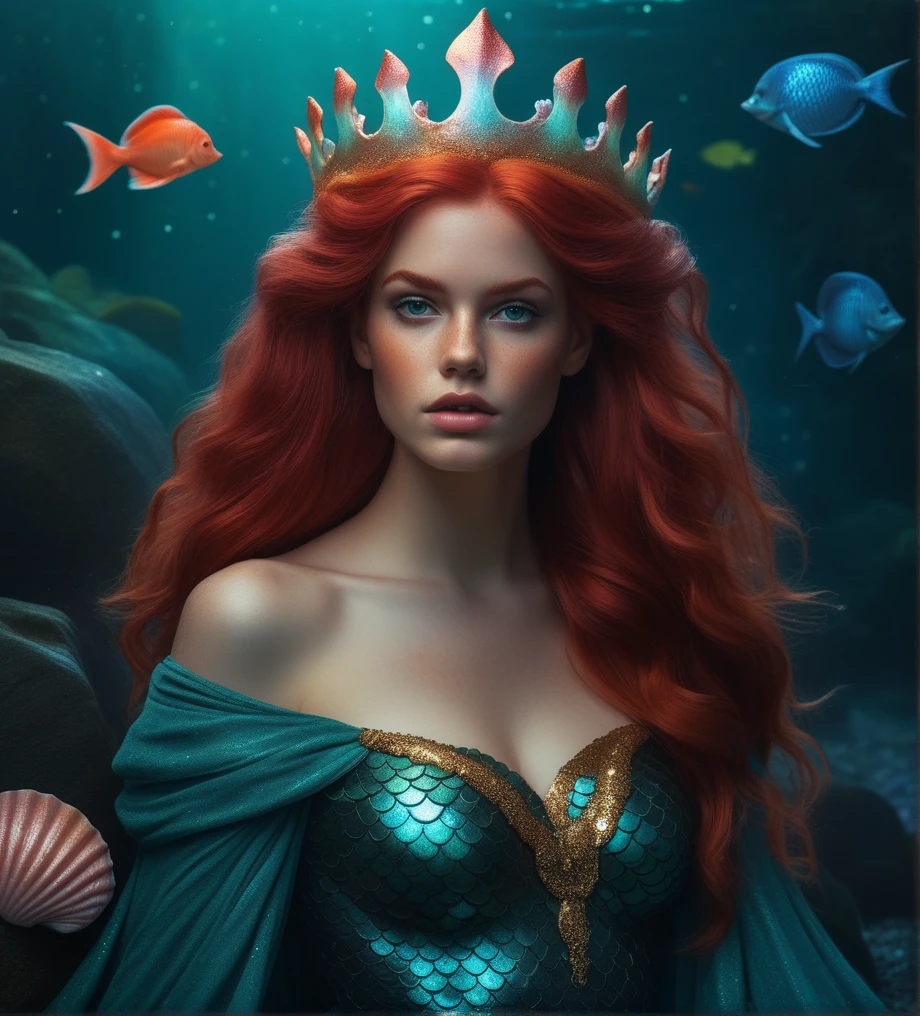 Dark Fantasy Art, Ariel,mermaid girl with tail, Red hair, Pastel, glitter, dramatic, dreamy, pastel, Watercolor, Whimsical, Delicate, seashell crown, Trending on Artstation, Highly detailed, Intricate, Portrait, digital painting, Fantasy theme, Fantasy robes, Fantasy concept art, Fantasy character art, Smug, Teenage girl, perfect body, full body,(Classical Realism:1.3),(80s Art:1.3),naturalism,land Art,regionalism,shutterstock contest winner,trending on unsplash,featured on Flickr, portrait photography, capturing emotion, personality, flattering lighting, professional, engaging, compelling composition, photorealistic, dark, moody, dark fantasy style