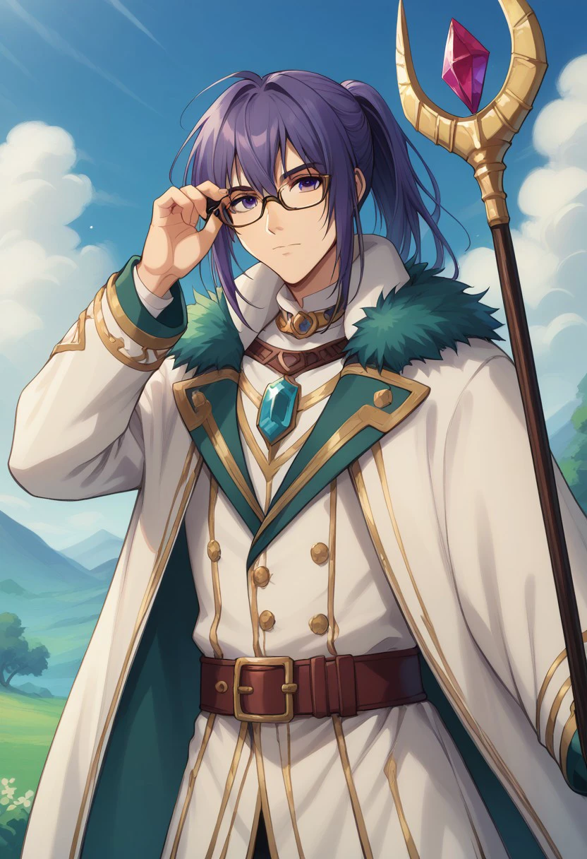 score_9, score_8_up, score_7_up, source_anime, highly detailed, 
keele, 1boy, male focus, solo, glasses, holding, upper body, purple eyes, purple hair, standing, staff,
adjusting eyewear, fur trim, pants, white pants, belt, looking at viewer, holding staff, ponytail, coat, long sleeves, gem,
outdoor, sky, clouds, trees,