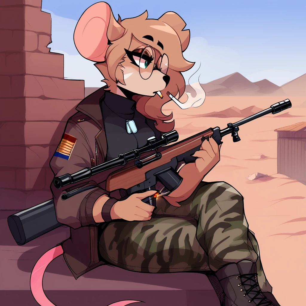 score_9_up, score_8_up, score_7_up, score_6_up, furry female, by remanedur, leah_pines(a.i.m), mouse, (round glasses), lying, crop top, dog tags, camo print, sniper rifle, cape, jacket, black miniskirt, combat boots, leaning, leaning against wall, building, outside, desert, (solo), on back, head tilt, sniper rifle, ground, cigarette, smoking, holding cigarette, <lora:Leah_Pines(AIM)_XL_v1:1>,  <lora:PDXL_artist_tags_v2_big:0.6> <lora:The-Minuscule-Task_PDXL_v1.0:0.6>