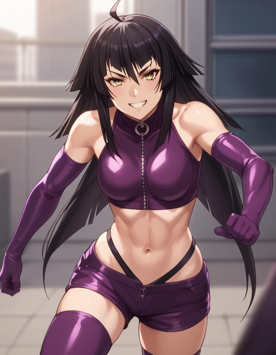 Hikari, long hair, black hair, purple gloves, purple thighhighs, navel, bare shoulders, yellow eyes, ahoge, purple shorts, elbow gloves, midriff, crop top, purple gloves, score_9, score_8_up, score_7_up, score_6_up, score_5_up, score_4_up, source_anime  ,<lora:SekireiSet2:1>, soft smile, dynamic pose,