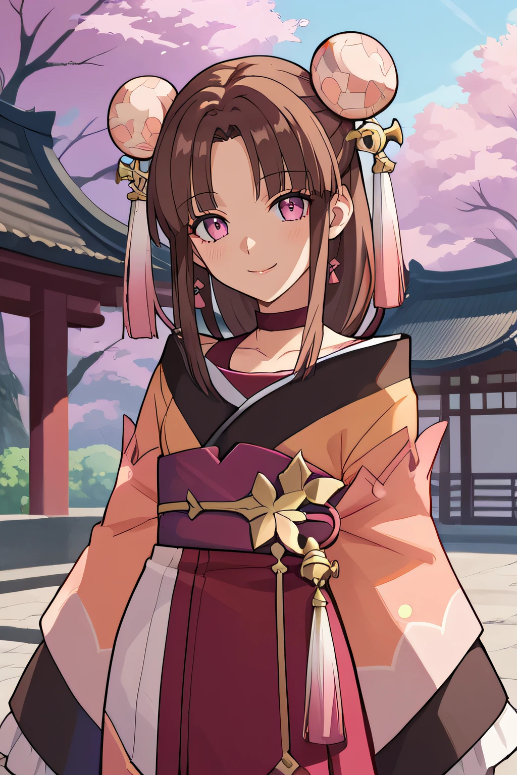 score_9, score_8_up, score_7_up, source_anime, rating_safe, intricate details, anime screencap, official style, 1girl, <lora:Sakuya:1>, sakuya, pink eyes, brown hair, double bun, hair ornament, japanese clothes, choker, kimono, bell, wide sleeves, cowboy shot, looking at viewer, smile, outdoor