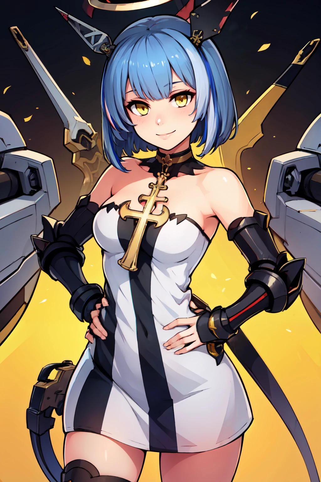 ((masterpiece,best quality)), absurdres,  BREAK, , <lora:Gascogne_Azurlane:0.8>,  zzGascogne, blue hair, short hair, yellow eyes, headgear, bangs, multicolored hair, streaked hair, mechanical halo,  bare shoulders, cross necklace, strapless dress, white dress, gauntlets, cross, choker, cleavage, , BREAK, hip to the side, hand on hip, contrapposto,, BREAK, solo, smile, looking at viewer, cowboy shot,