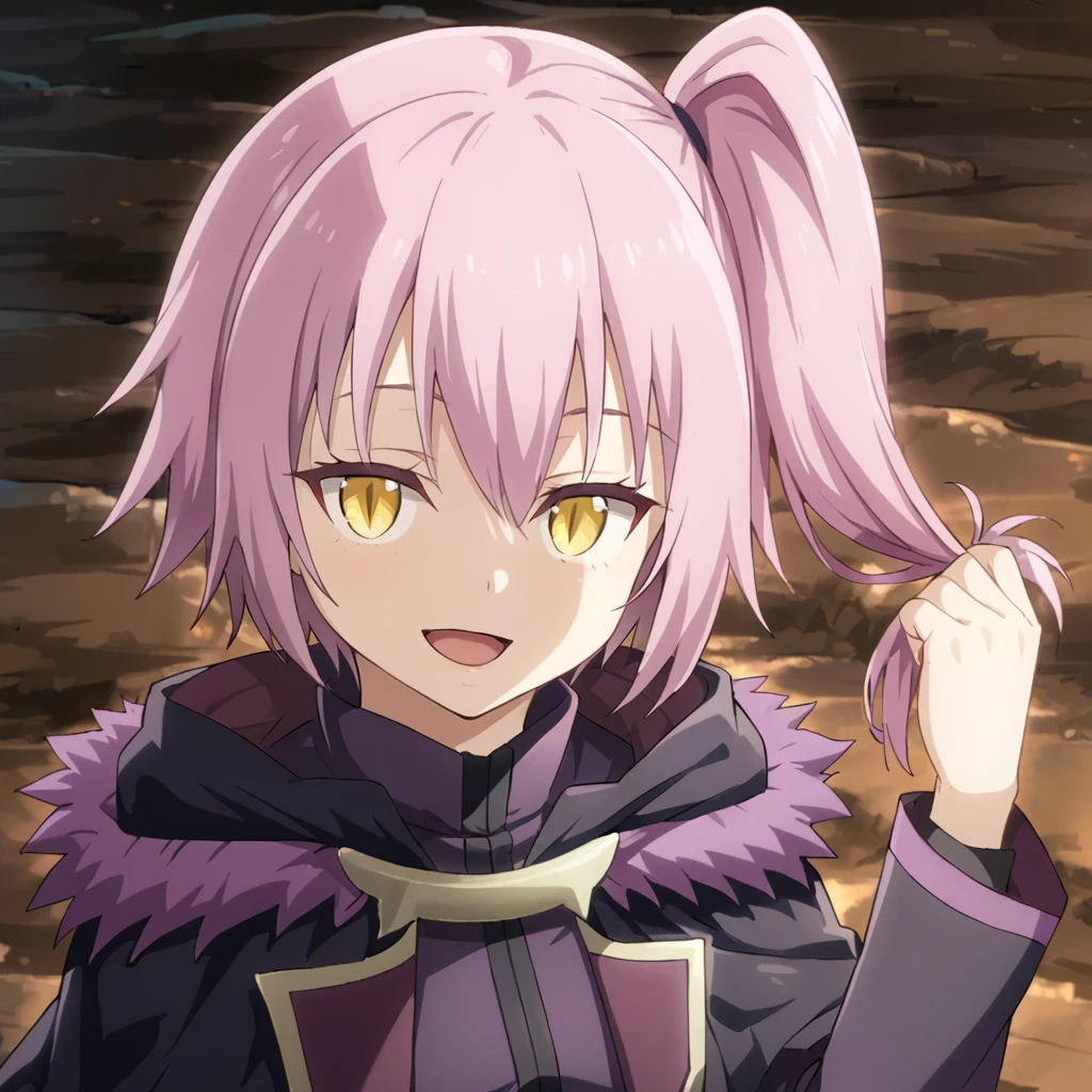 1girl, solo, ultima, slit pupils, pink hair, purple hair, short hair, side ponytail, yellow eyes, bangs, hair between eyes, breasts, small breasts, black jacket, fur trim, purple trim, capelet, long sleeves, hips, hair pull, head tilt, smile, open mouth, looking at viewer,
<lora:Ultima:0.8>