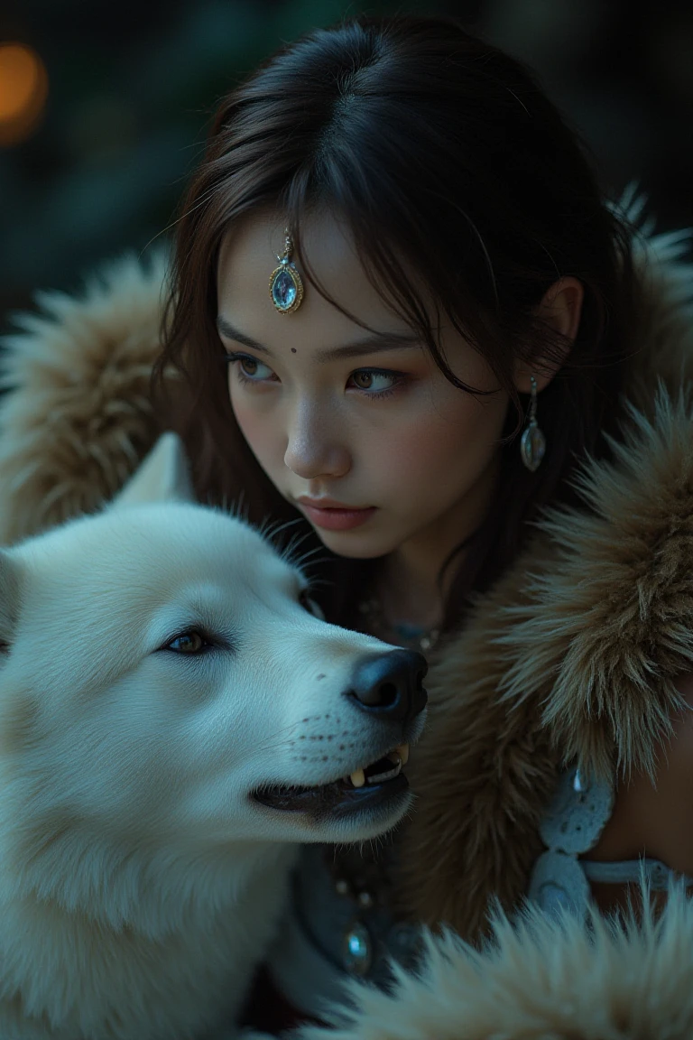 Midjourney Style, Cinematic Style, Realistic, Close-up
score_9, score_8_up, score_7_up, 1girl, San (Princess Mononoke), (super high quality details), pale skin, brown hair, makeup, brown eyes, short hair, head mask, shiny skin, eye contact, fur cape, crystal necklace, sleeveless shirt, tilted angle, dark lighting, white wolf hugging white wolf, low lighting, medieval fantasy, perfect quality, high quality, photorealistic, sitting BREAK orange and blue tint, (abstract:0.2), expressive