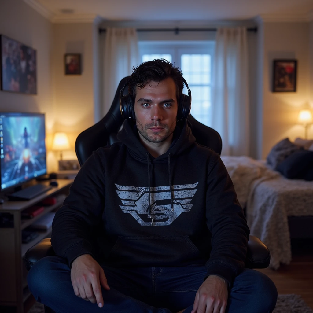 man, gamer outfit, bedroom, gaming chair, direct eye contact, frontview, looking at viewe