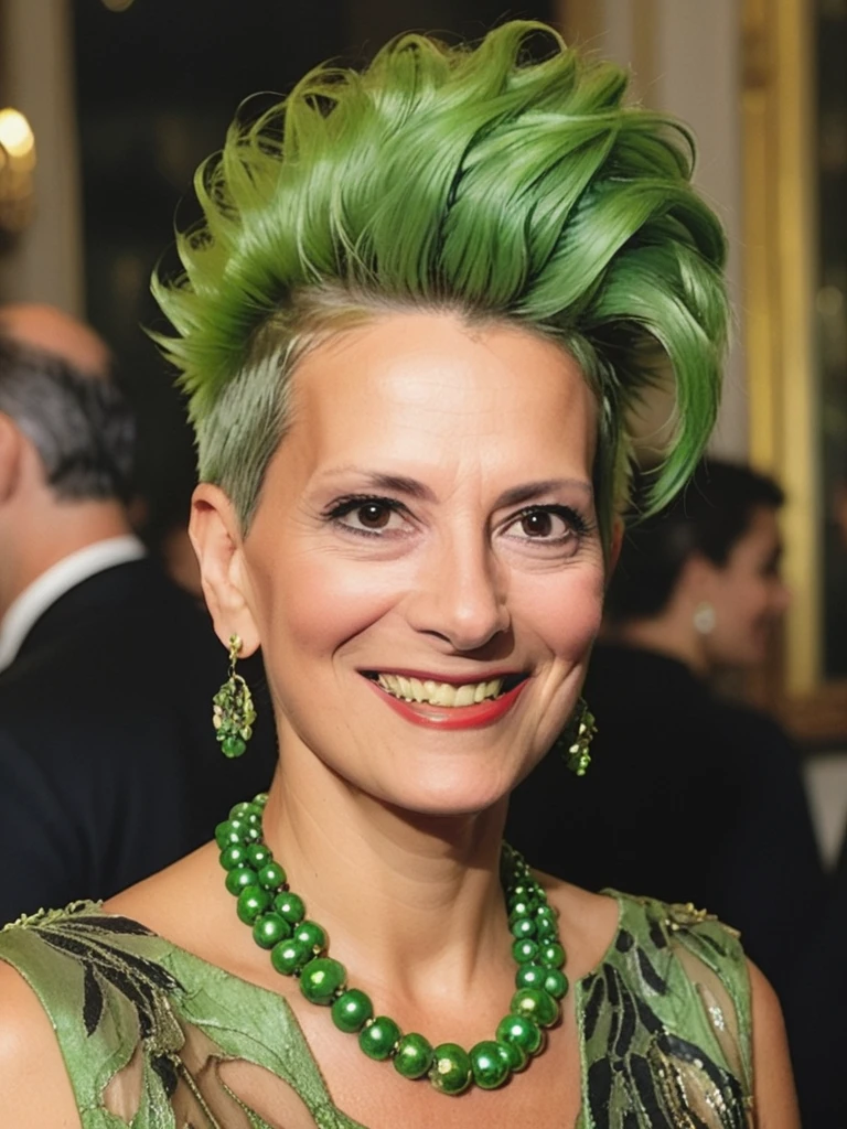 a professional absurdres sharp focus intricately detailed photograph of (Rossella_Falk:1.1), with a slight grin and a tight green mohawk hairstyle,
in an elegant gala celebrating the life and times of Sepultura though no one in attendance knows who that is,
 <lora:Rossella_Falk-SDXLe13:0.8>