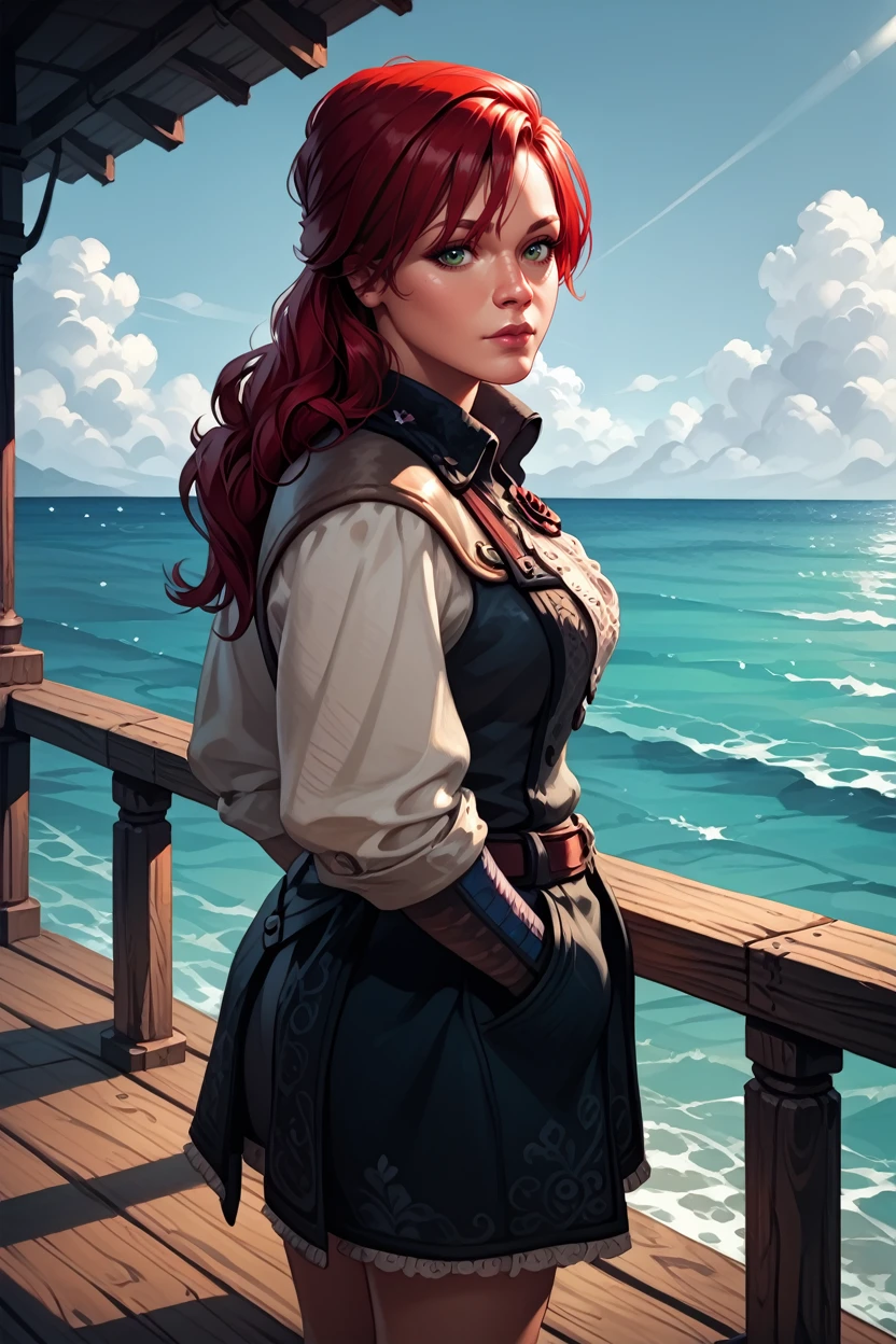 score_9, score_8_up, score_7_up, score_6_up
<lora:ACUElise:1.0>
ACUElise, 1girl, red hair, long hair, green eyes, looking at viewer, standing on a pier, looking out at the ocean, hands in pockets, overcast sky with hints of sunlight breaking through, calm and introspective atmosphere