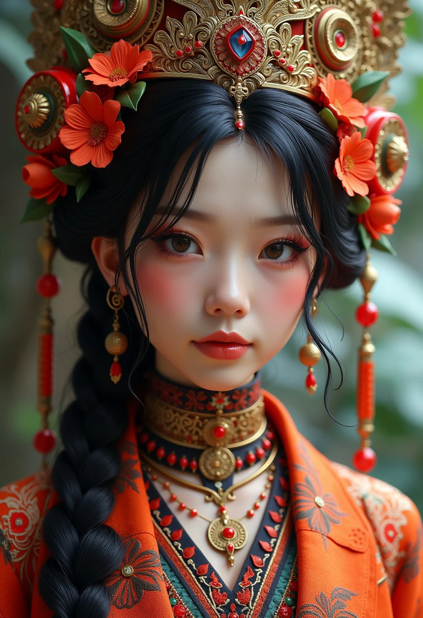 (best quality), (masterpiece), (detailed), 8K, Captivating hyper-realistic portrait depicts a (striking Japanese girl1.5) adorned in (ornate Indonesian-inspired fantasy attire1.4). Vibrant (batik-patterned fabrics1.3) and (intricate embellishments1.3) drape elegantly across her (chiseled features1.3), hinting at the (rich cultural heritage1.3) woven into the (detailed character1.4). Her (intense gaze1.4) commands attention, conveying a sense of (regal confidence1.3) and (mystical power1.3) within. Trending on Artstation.