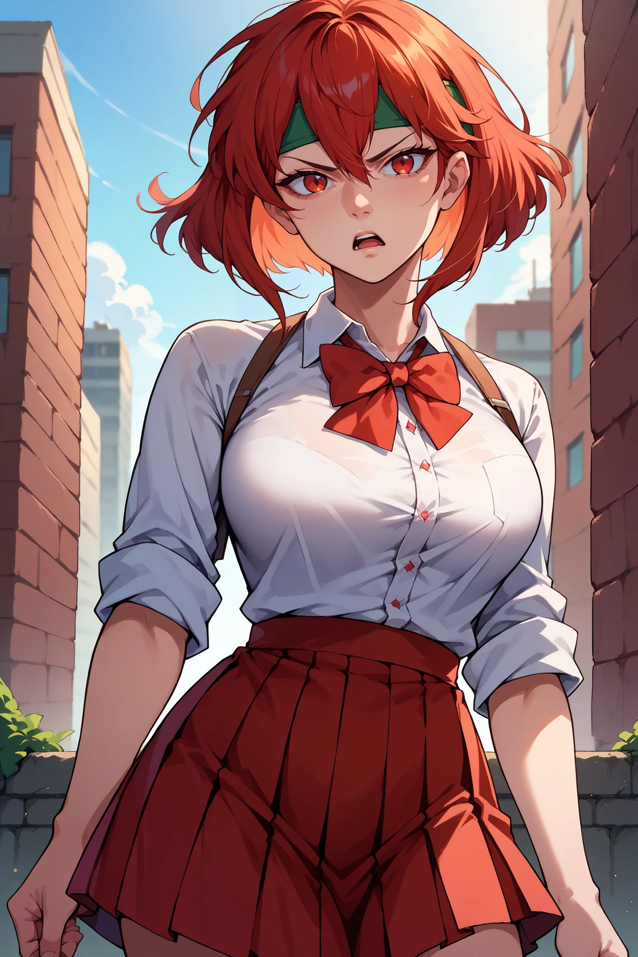 score_9, score_8_up, score_7_up, score_6_up, source_anime, 1girl, solo,  <lora:feminerva-pdxl-nvwls-v1-000005:1> feMva, red hair, short hair, red eyes, green headband, large breasts, white shirt, collared shirt, red bowtie, red skirt, pleated skirt, looking at you, annoyed, open mouth, looking at you, city, blue sky