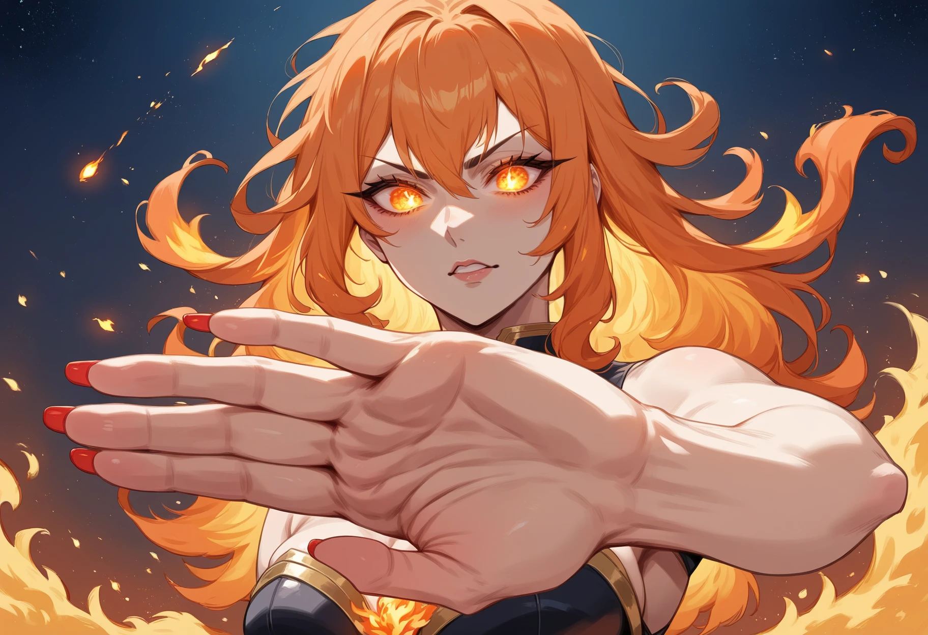 score_9, score_8_up, score_7_up, score_6_up, source_anime, handgag_POV,

1girl, phoenix-woman, fiery orange hair flowing like flames, glowing gold eyes, focused expression, sky full of stars, wide shot, upward-angle, long nails, fiery red nails, outstretched hand, deep hand creases, few hand creases, embers floating from her fingertips