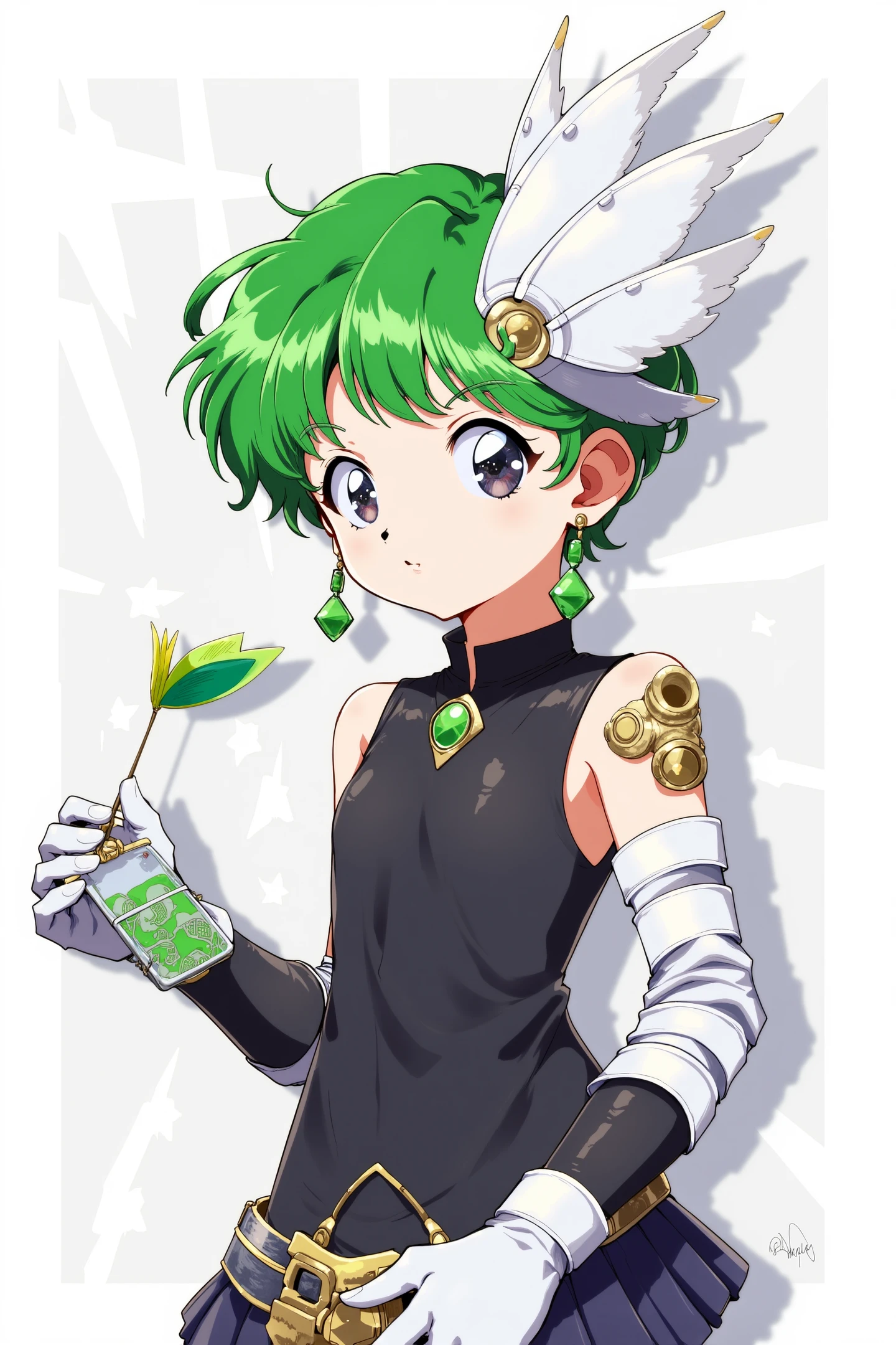 This is a vibrant digital illustration featuring a young anime-style character with a futuristic, steampunk aesthetic. The character has large, expressive eyes with a hint of mischief, and a pale complexion. Their hair is a striking green, styled in a voluminous, wavy fashion, and adorned with a large, ornate white headpiece resembling a bird's wing. They wear a black, high-collared top with a white, metallic shoulder piece that resembles a mechanical arm, adding to the steampunky theme. The outfit also includes white gloves with intricate detailing, and green earrings that match the color of their hair. In their left hand, they hold a small, rectangular object with a green and gold pattern, possibly a book or a device. The background is a minimalist white, with subtle, abstract patterns that enhance the futuristic feel. The illustration is highly detailed, with a polished, glossy finish that highlights the metallic elements and the character's vibrant green hair. The overall style is reminiscent of modern anime and manga, with clean lines and vibrant colors, and the use of metallic textures and futuristic elements adds to the sci-fi theme.
<lora:hrn_yc:1>,