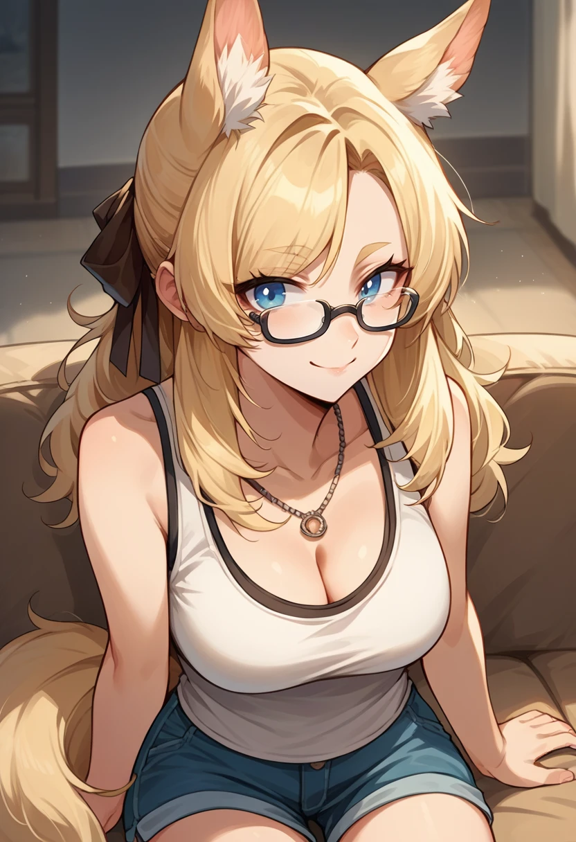 score_9, score_8_up, source_anime, 1girl, solo, WhislashAK, blue eyes, blonde hair, animal ears, tail, thick eyebrows, long hair, hair ribbon, glasses, tank top, cleavage, necklace, sleeveless, shorts, smile, indoors, sitting, on couch, <lora:ChamWhislashPonyXL:1>