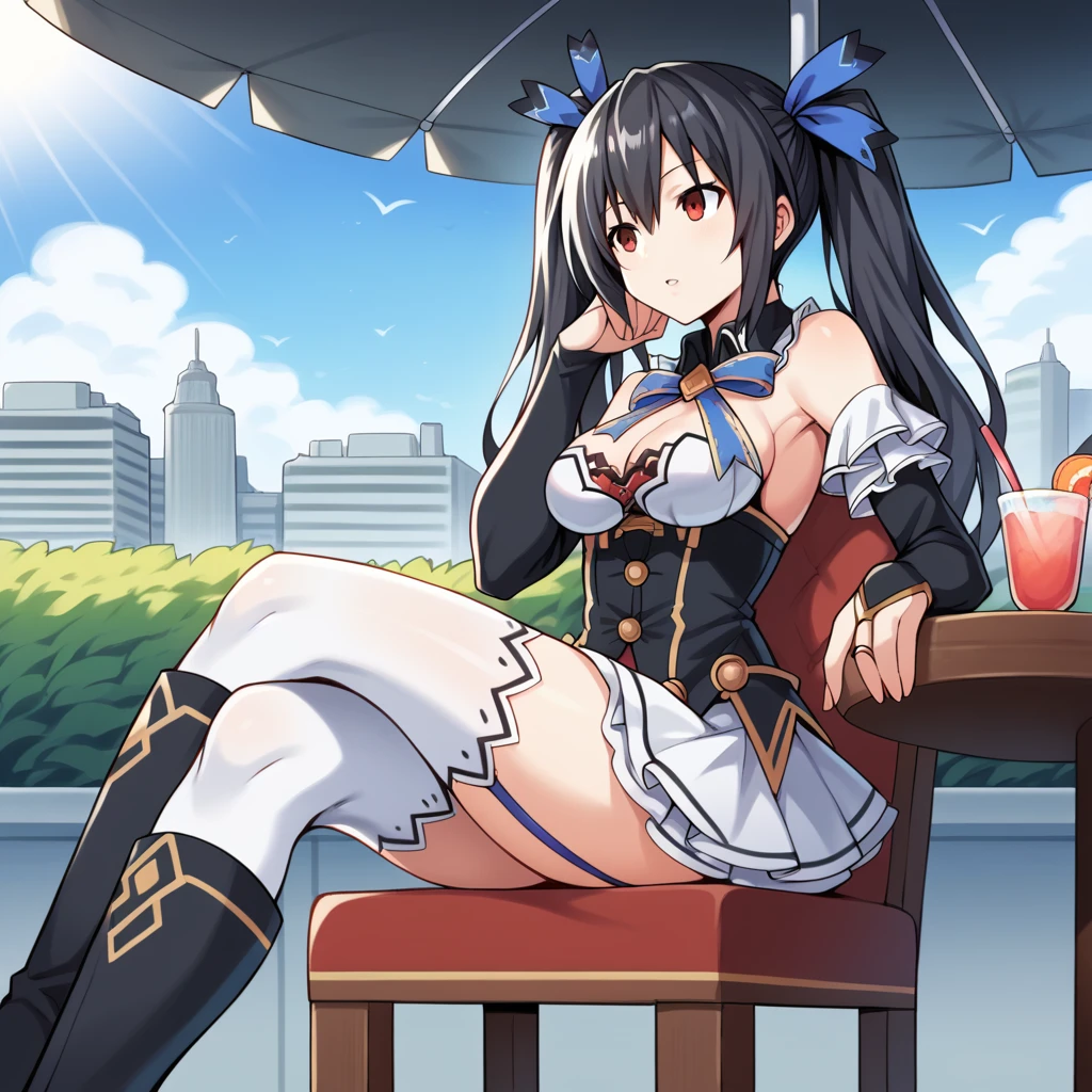 score_9_up, score_8_up, score_7_up, source_anime, masterpiece, best quality, 1girl, solo, NoirCPU, NoireOne, Nor_Def, sun light, clouds, under umbrella, sitting on chair, cafe interior, bushes, cityscape, street, holding cocktail, parted lips, looking to side, crossed legs, table, fruits, arm rest, from side, from below, foreshortening, noire (neptune series), black hair, twintails, long hair, red eyes, white thighhighs, black footwear, thigh boots, garter straps, frills, white skirt, frilled skirt, black corset, white bra, cleavage, blue ribbon, neck ribbon, black sleeves, detached sleeves, bare shoulders, frilled sleeves, bridal gauntlets, hair ribbon, mature body, dynamic cowboy shot, outdoors, cafe background