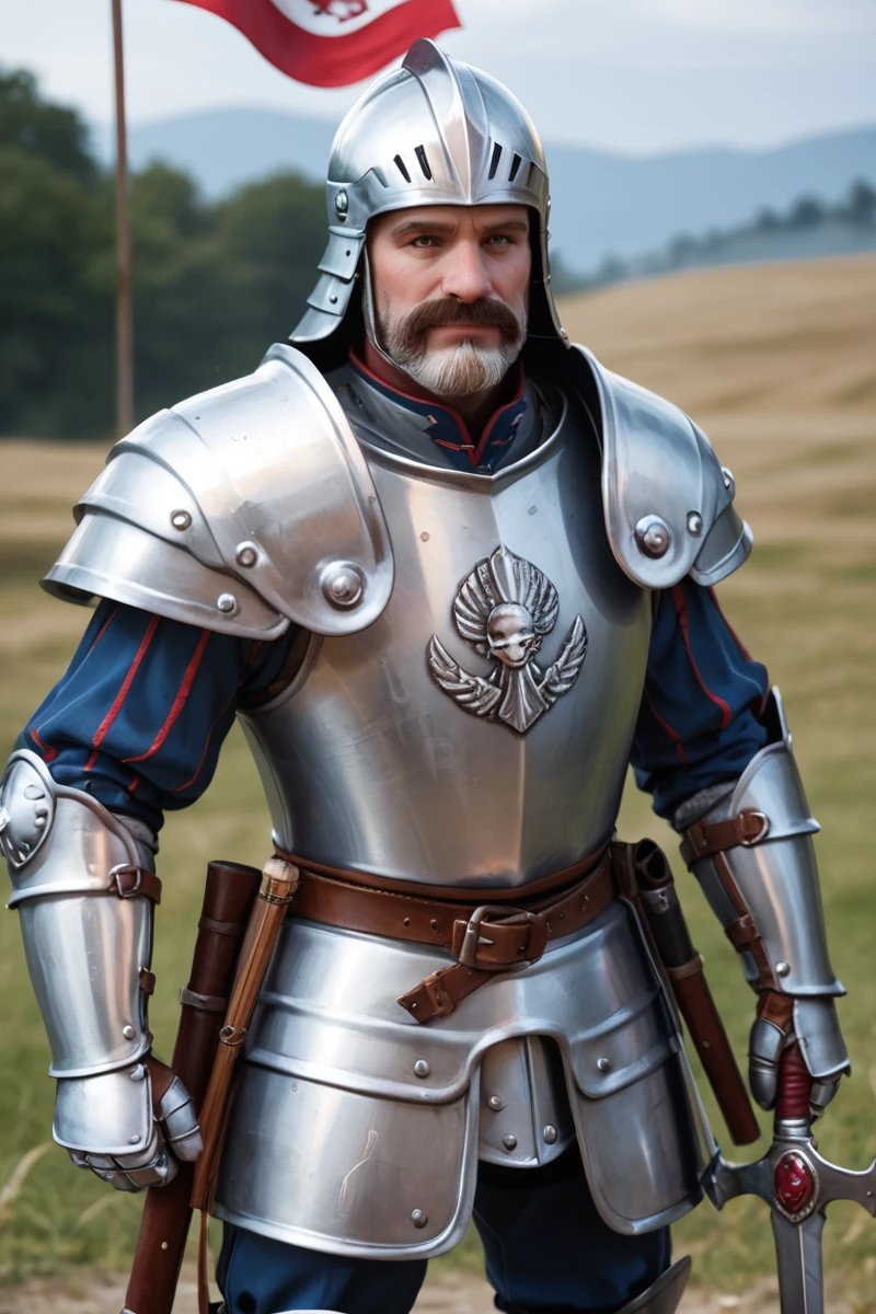 source_realistic, photorealistic photo, realistic, simple white background, empg3n3r4l, male focus, full armor, sallet helm, raised visor, big beard, mustache, old, gorget, breastplate, pauldrons, tassets, gauntlets, boots, green and red slashed uniform, puffy sleeves, standing, holding standard, banner, <lora:empg3n3r4lPonyV2-000020:0.8>, PonyXL_Scores, PonyXL_HQ, <lora:StS_detail_slider_v1:1>