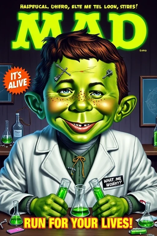 (Mad Magazine cover:1.2) featuring a green Frankenstein monster with a abnormally large head, metalic bolts in his neck and a scar stitched across his forehead, wearing a lab coat nametage "WHAT, ME WORRY?", in a scientific labritory with chemistry flasks full of green liquid, bright glowing green title text "IT'S ALIVE", smaller yellow caption text reads "RUN FOR YOUR LIVES!"