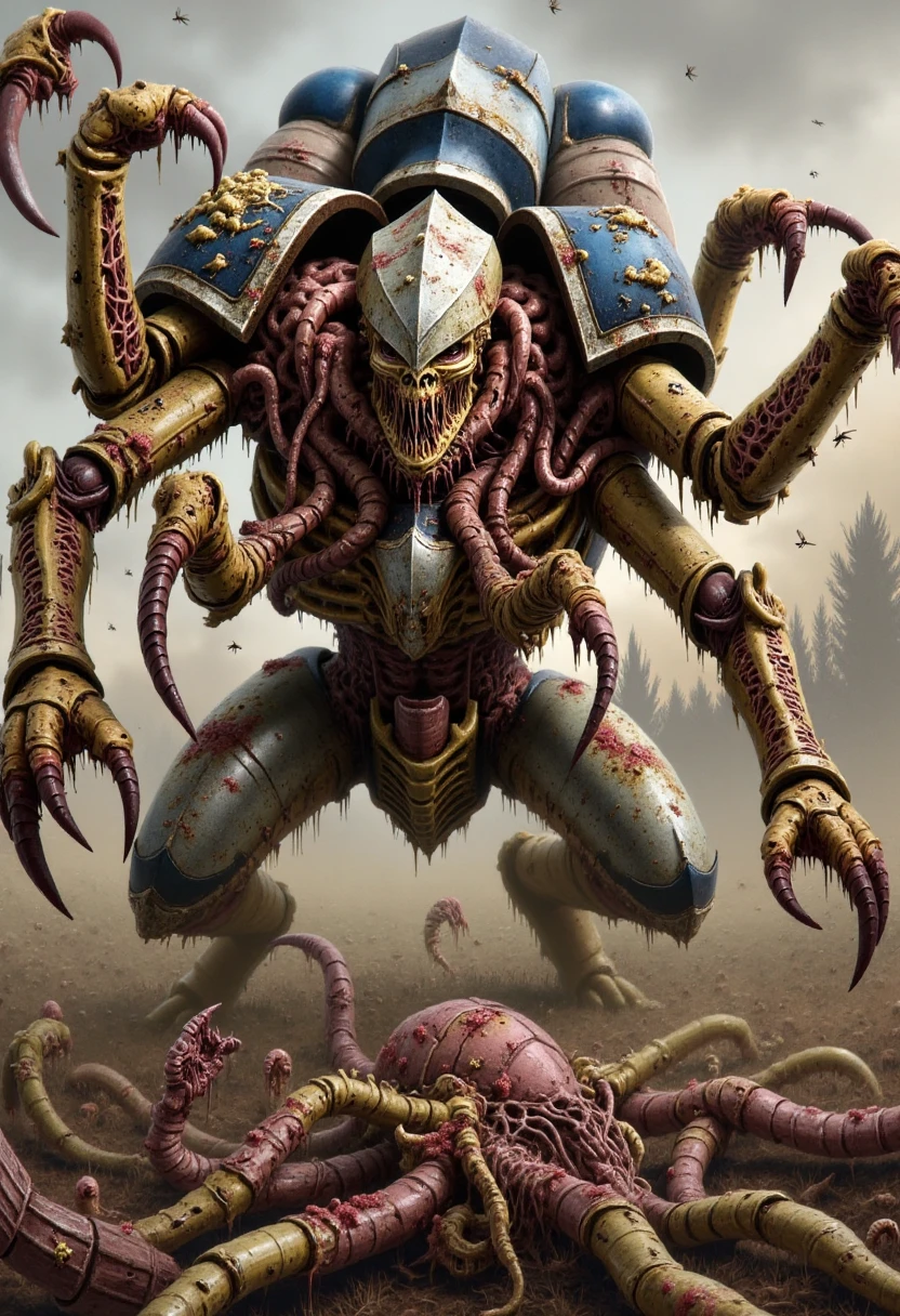 Imagine a photorealistic depiction of a Tyranid Hive Tyrant touched by Nurgle. Its once-gleaming exoskeleton is now pocked with boils and oozing blisters, its talons covered in rotting flesh. The swarm behind it is a writhing mass of diseased creatures, their bodies bloated and bursting with toxic pustules, leaving a trail of rot as they advance. The air around them is thick with the stench of decay, and every step they take spreads a corrupting plague.